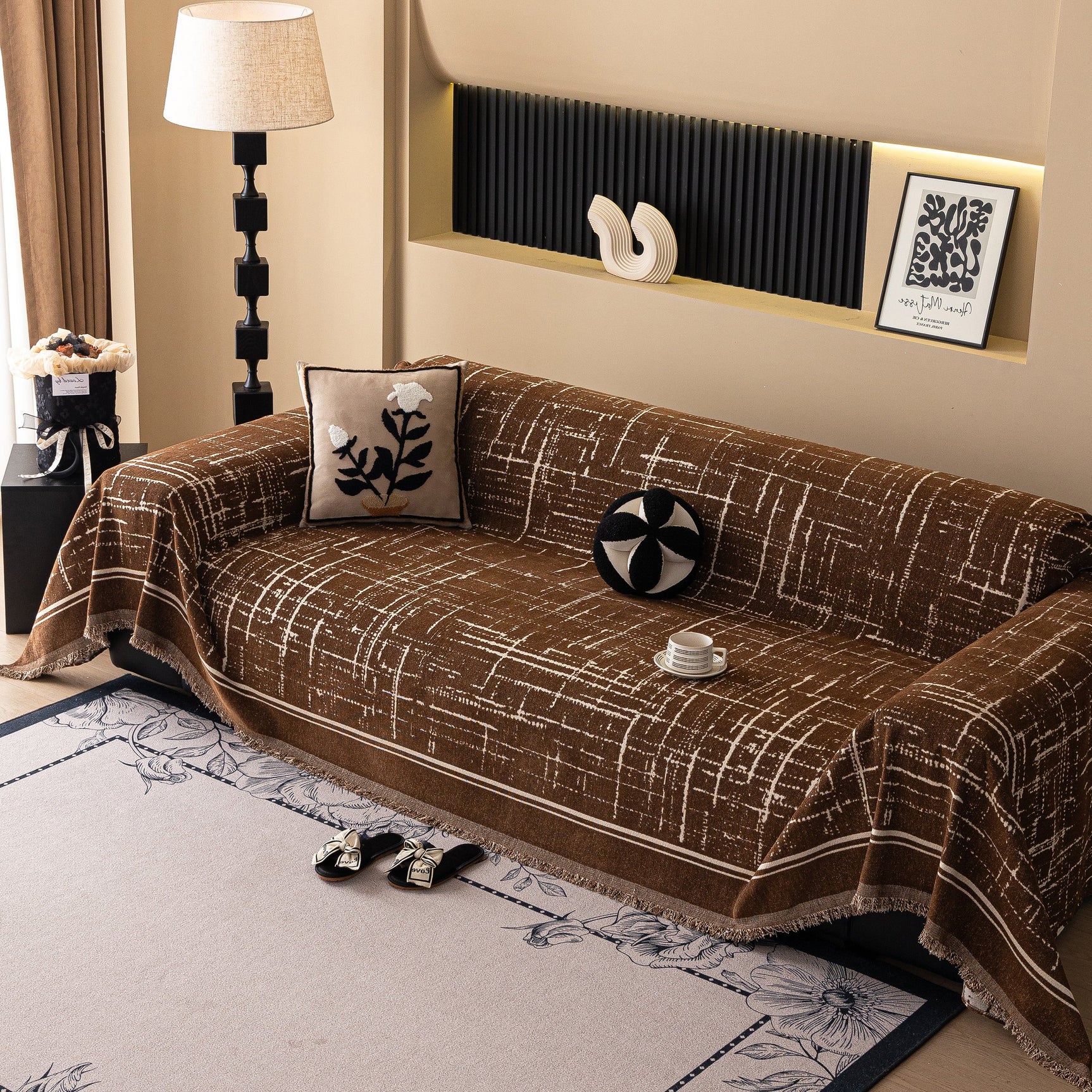 Modern Couch Protector Blanket Woven Chenille Sofa Cover Throw with Artistic Grid - Ornate Home