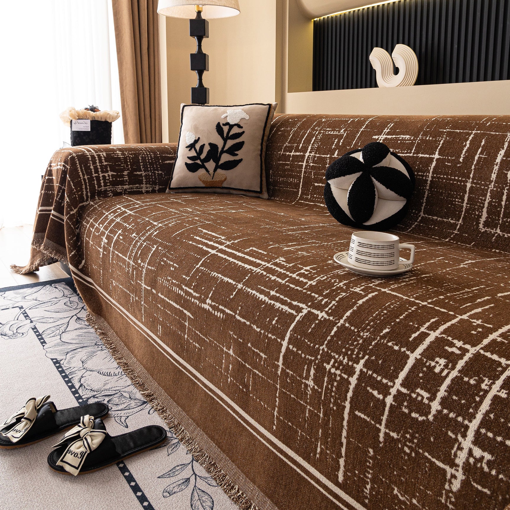 Modern Couch Protector Blanket Woven Chenille Sofa Cover Throw with Artistic Grid - Ornate Home