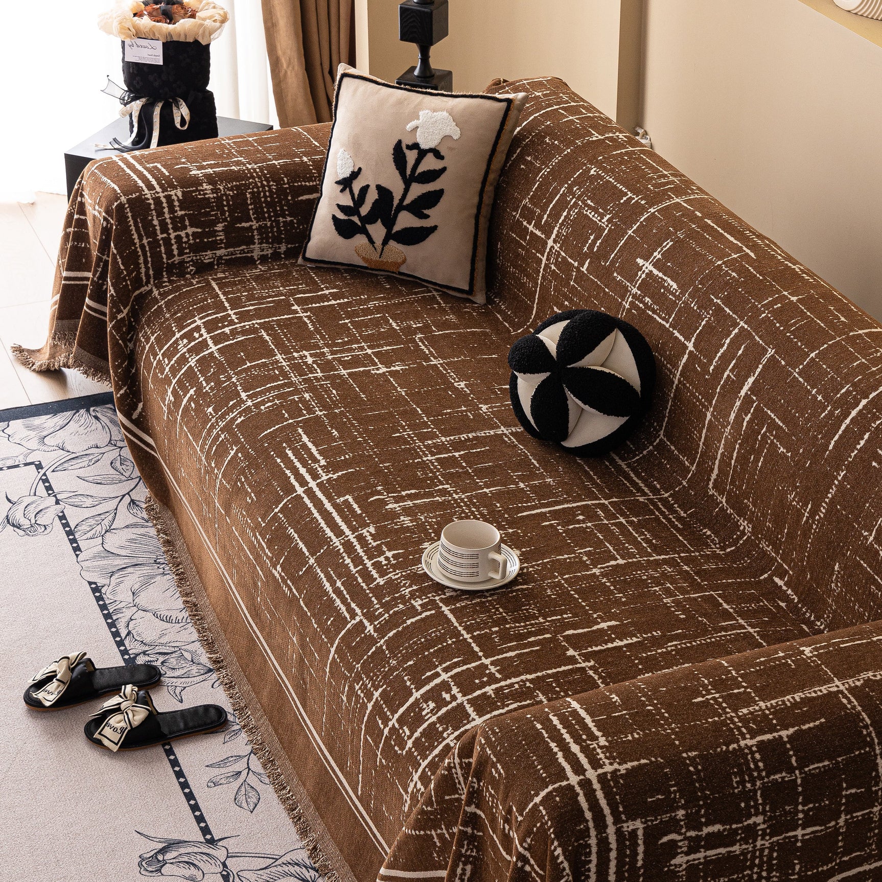 Modern Couch Protector Blanket Woven Chenille Sofa Cover Throw with Artistic Grid - Ornate Home