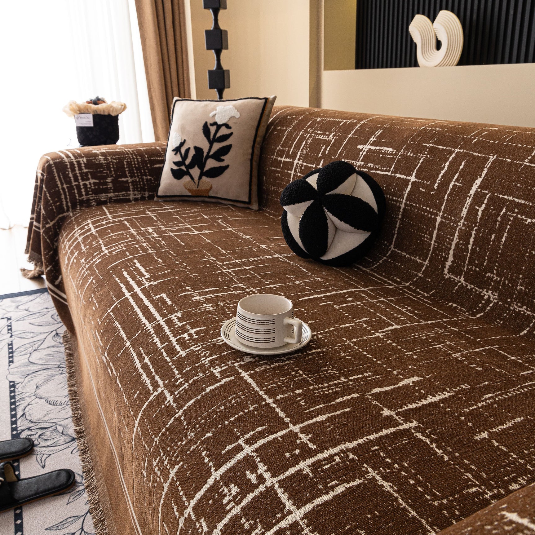 Modern Couch Protector Blanket Woven Chenille Sofa Cover Throw with Artistic Grid - Ornate Home