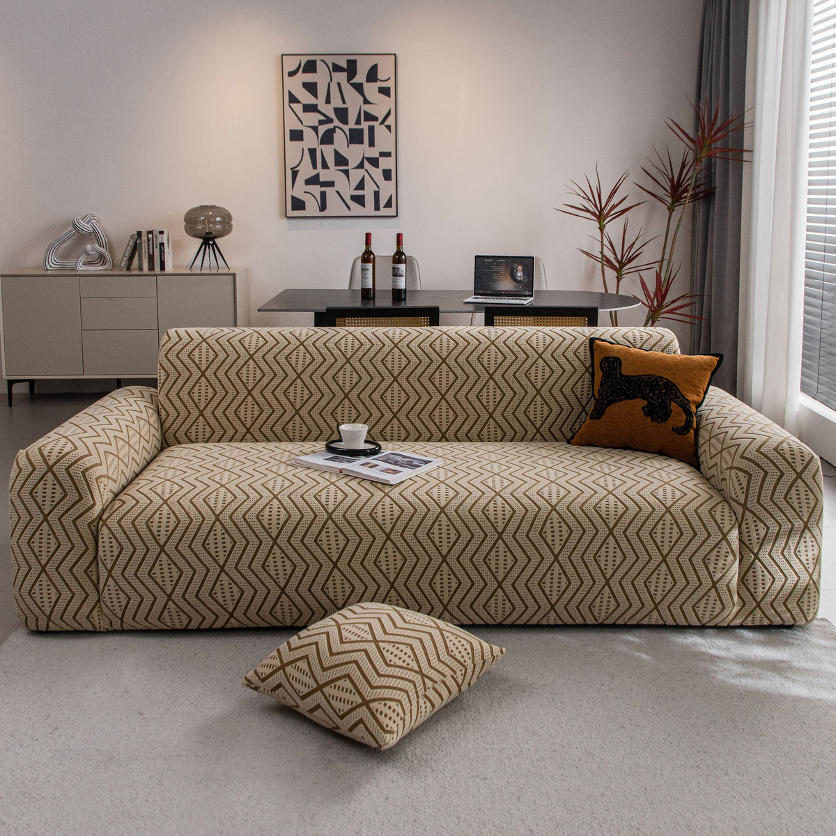 Modern Geometric Jacquard Sofa Slipcover, High Stretch 1-Piece Textured Couch Cover - Ornate Home