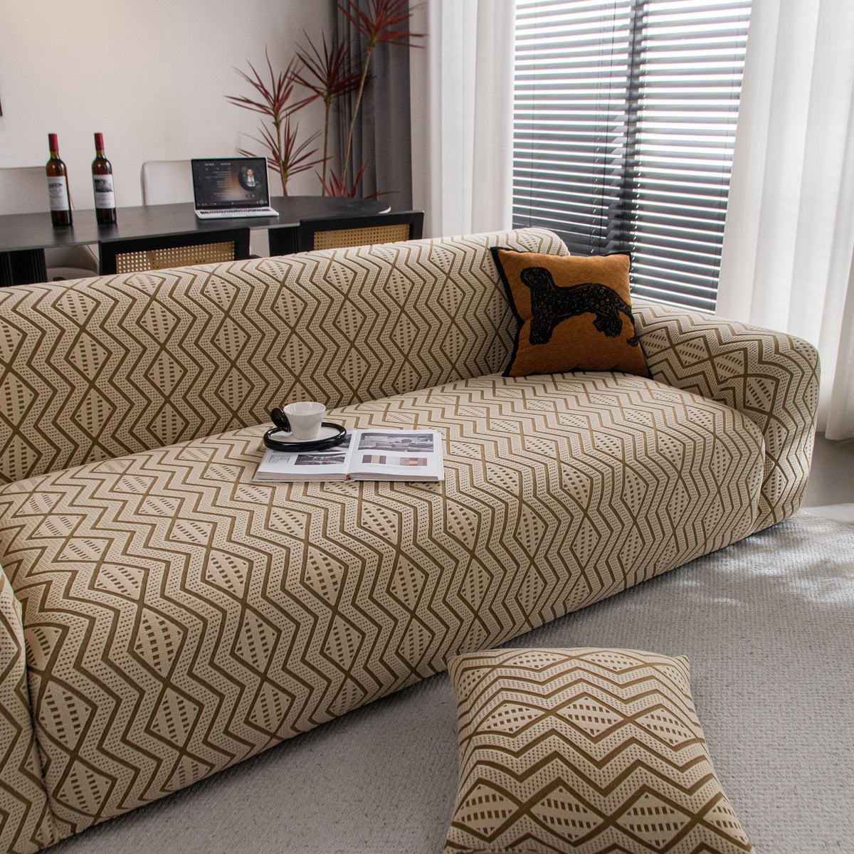 Modern Geometric Jacquard Sofa Slipcover, High Stretch 1-Piece Textured Couch Cover - Ornate Home