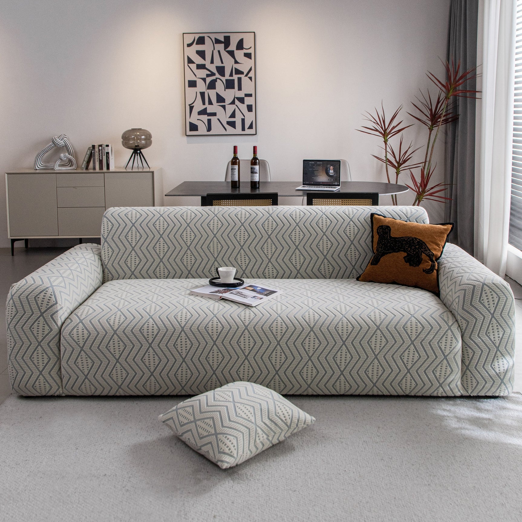 Modern Geometric Jacquard Sofa Slipcover, High Stretch 1-Piece Textured Couch Cover - Ornate Home