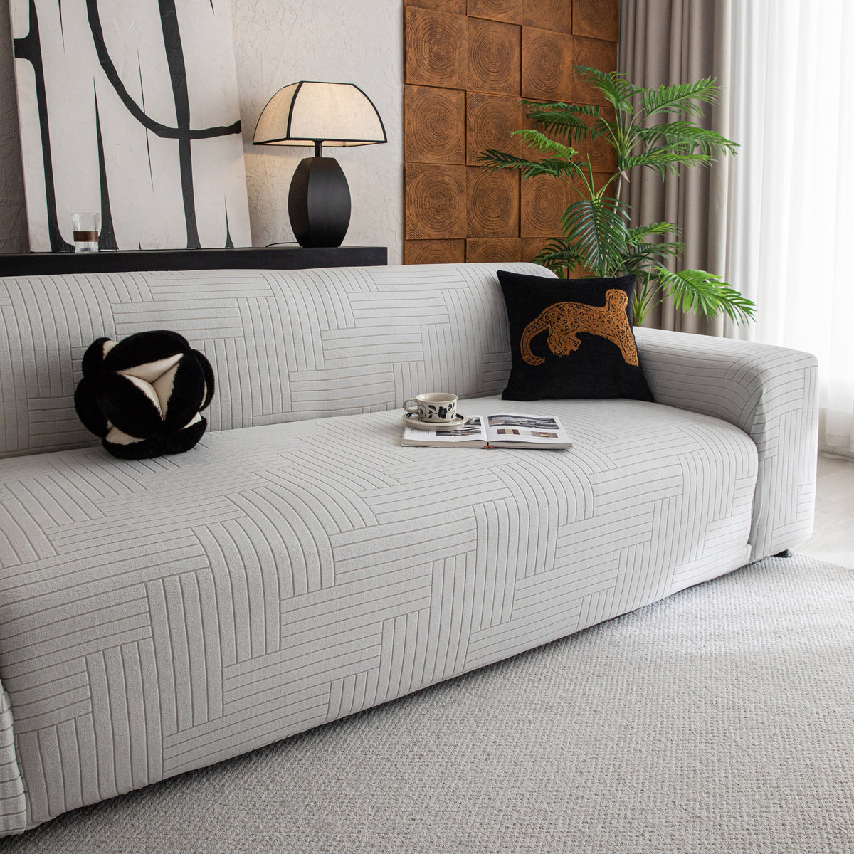 Modern Geometric Jacquard Spandex Slipcover, High Stretch Form Fitting Couch Cover - Ornate Home