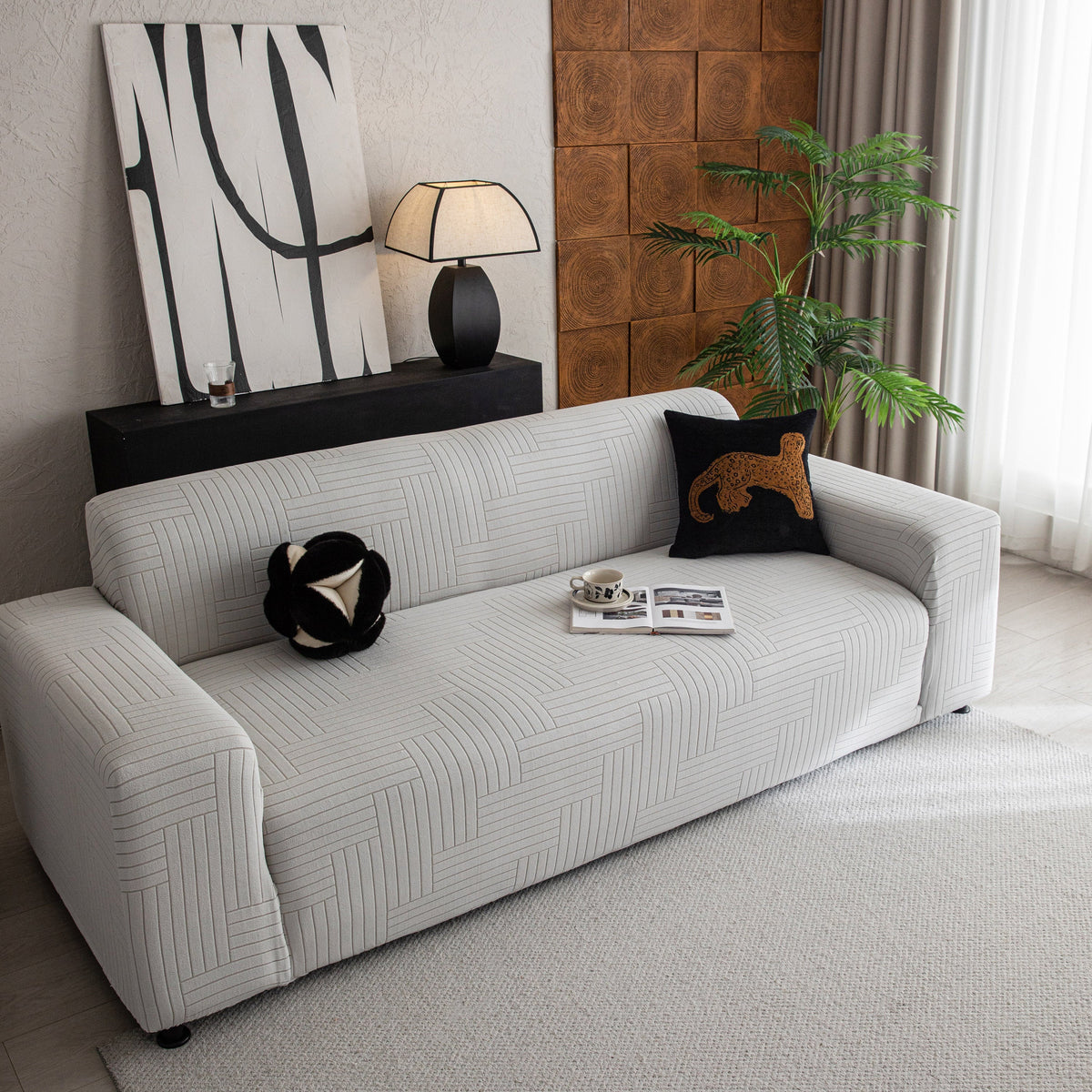Modern Geometric Jacquard Spandex Slipcover, High Stretch Form Fitting Couch Cover - Ornate Home