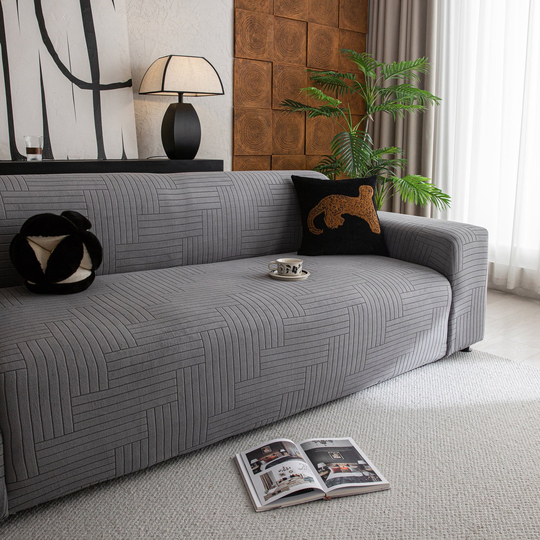 Modern Geometric Jacquard Spandex Slipcover, High Stretch Form Fitting Couch Cover - Ornate Home