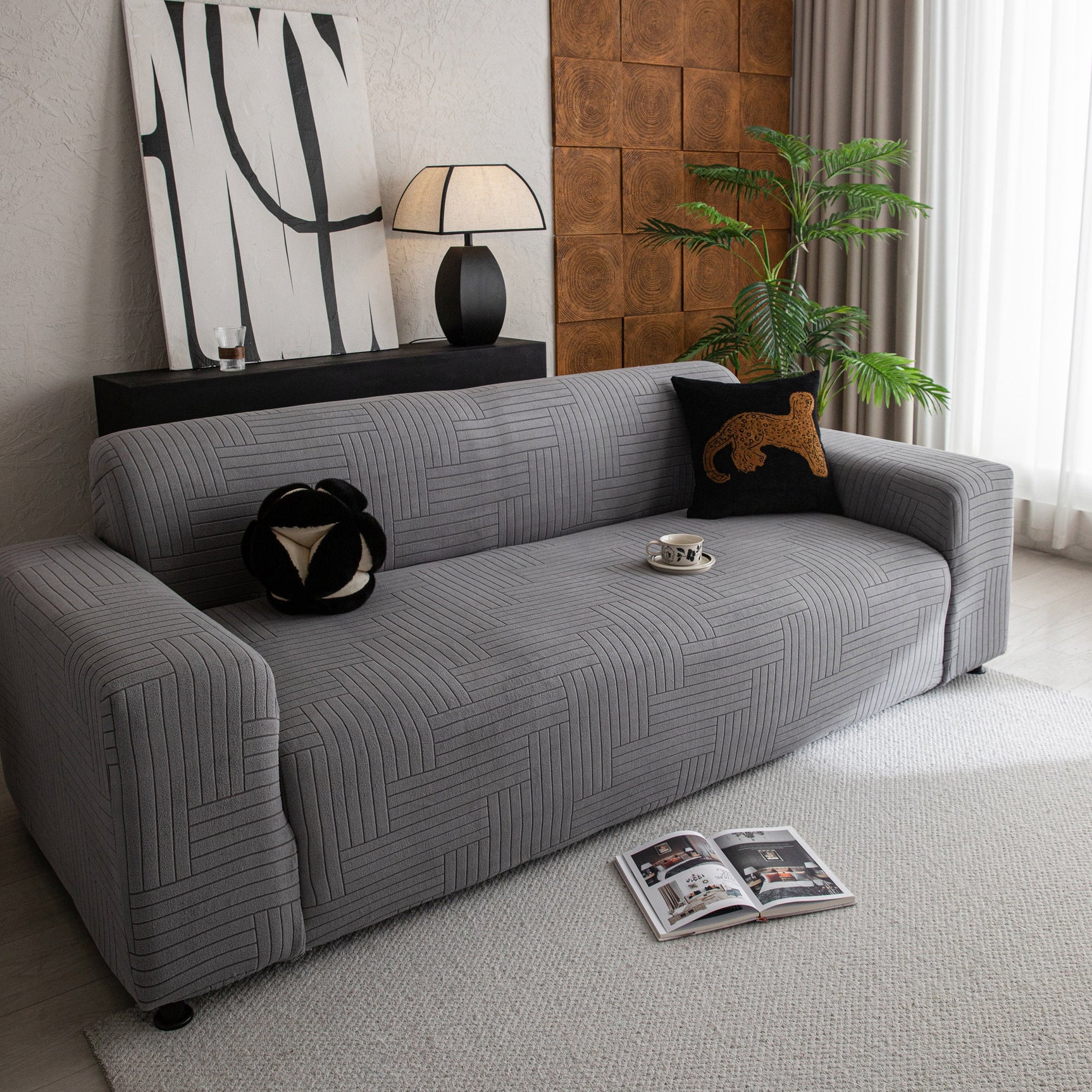 Modern Geometric Jacquard Spandex Slipcover, High Stretch Form Fitting Couch Cover - Ornate Home
