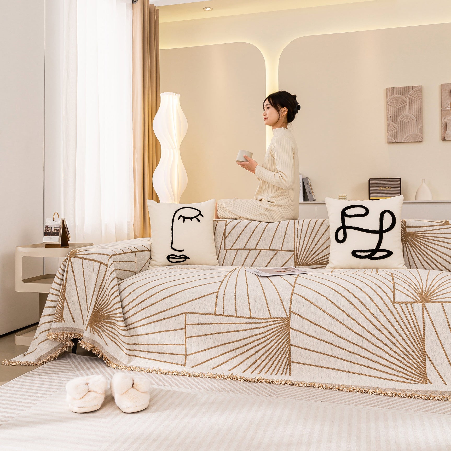 Modern Minimalist Chenille Line Pattern Sofa Cover, Dust and Scratch Resistant Throw Blankets for Couch - Ornate Home