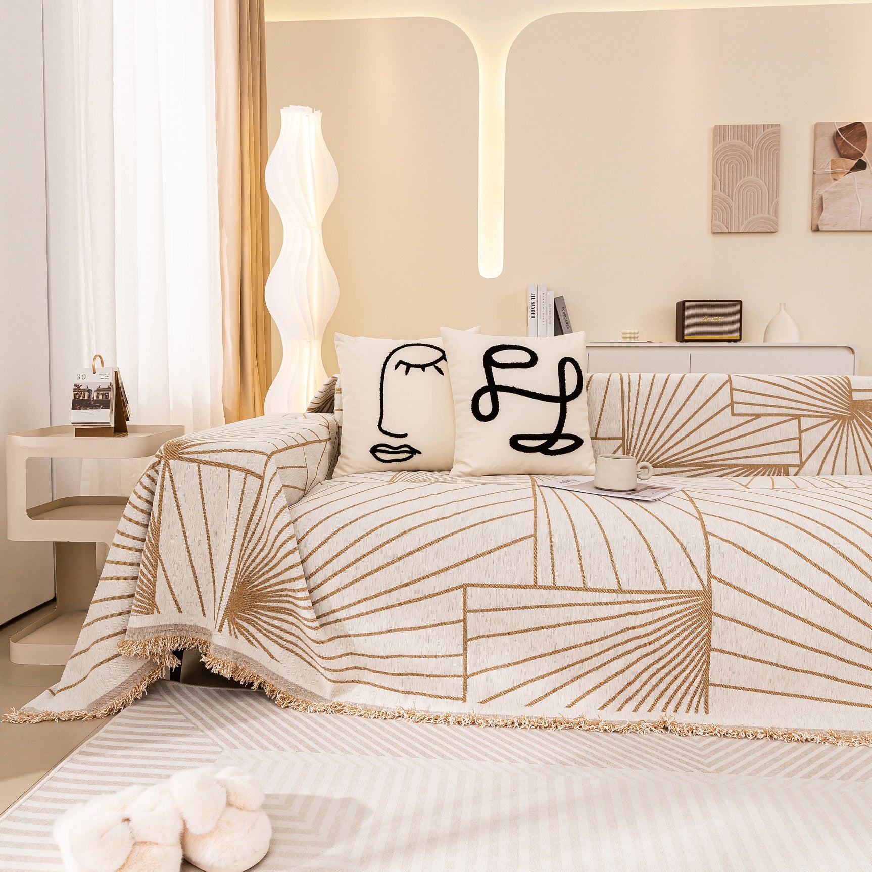 Modern Minimalist Chenille Line Pattern Sofa Cover, Dust and Scratch Resistant Throw Blankets for Couch - Ornate Home