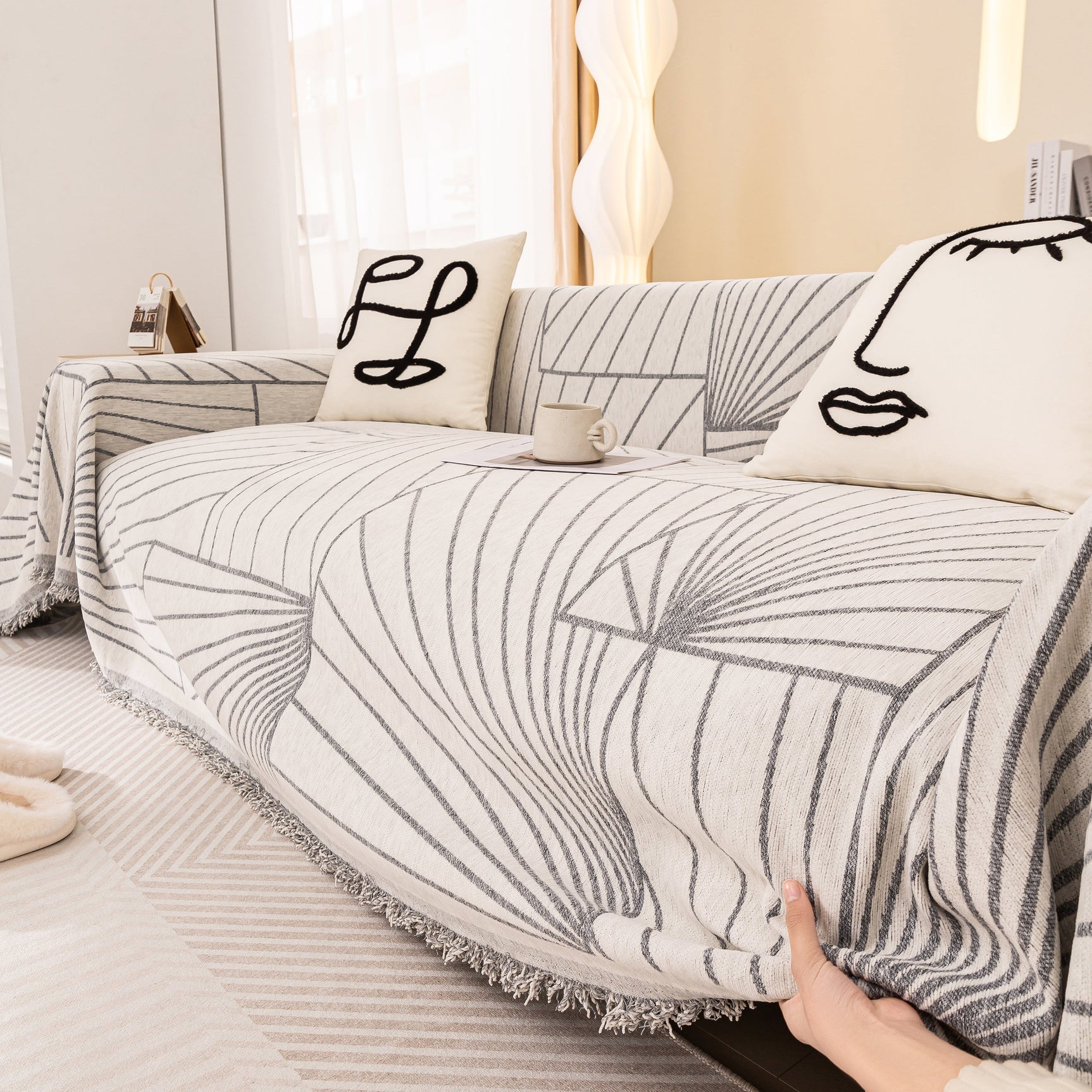 Modern Minimalist Chenille Line Pattern Sofa Cover, Dust and Scratch Resistant Throw Blankets for Couch - Ornate Home