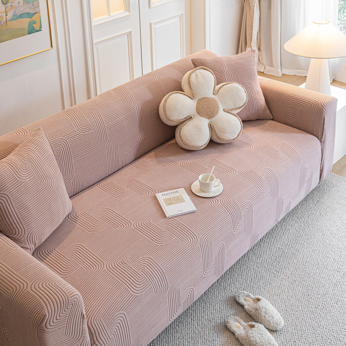 Modern Slipcovers Geometric Textured Stretchable Sofa Cover for Couch with Chaise - Ornate Home