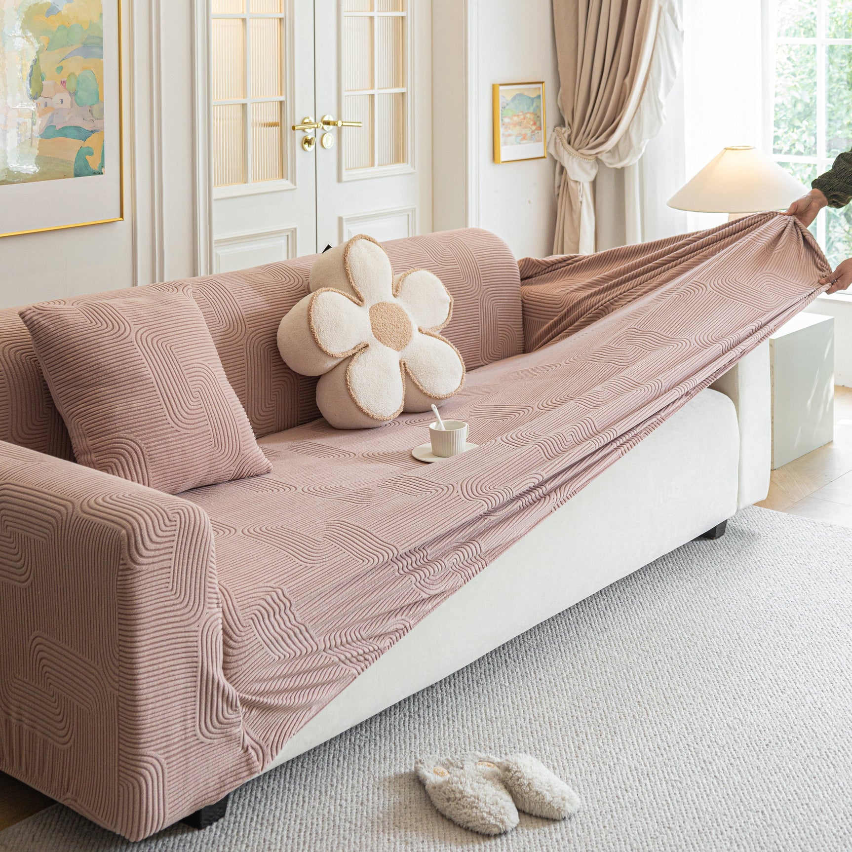 Modern Slipcovers Geometric Textured Stretchable Sofa Cover for Couch with Chaise - Ornate Home