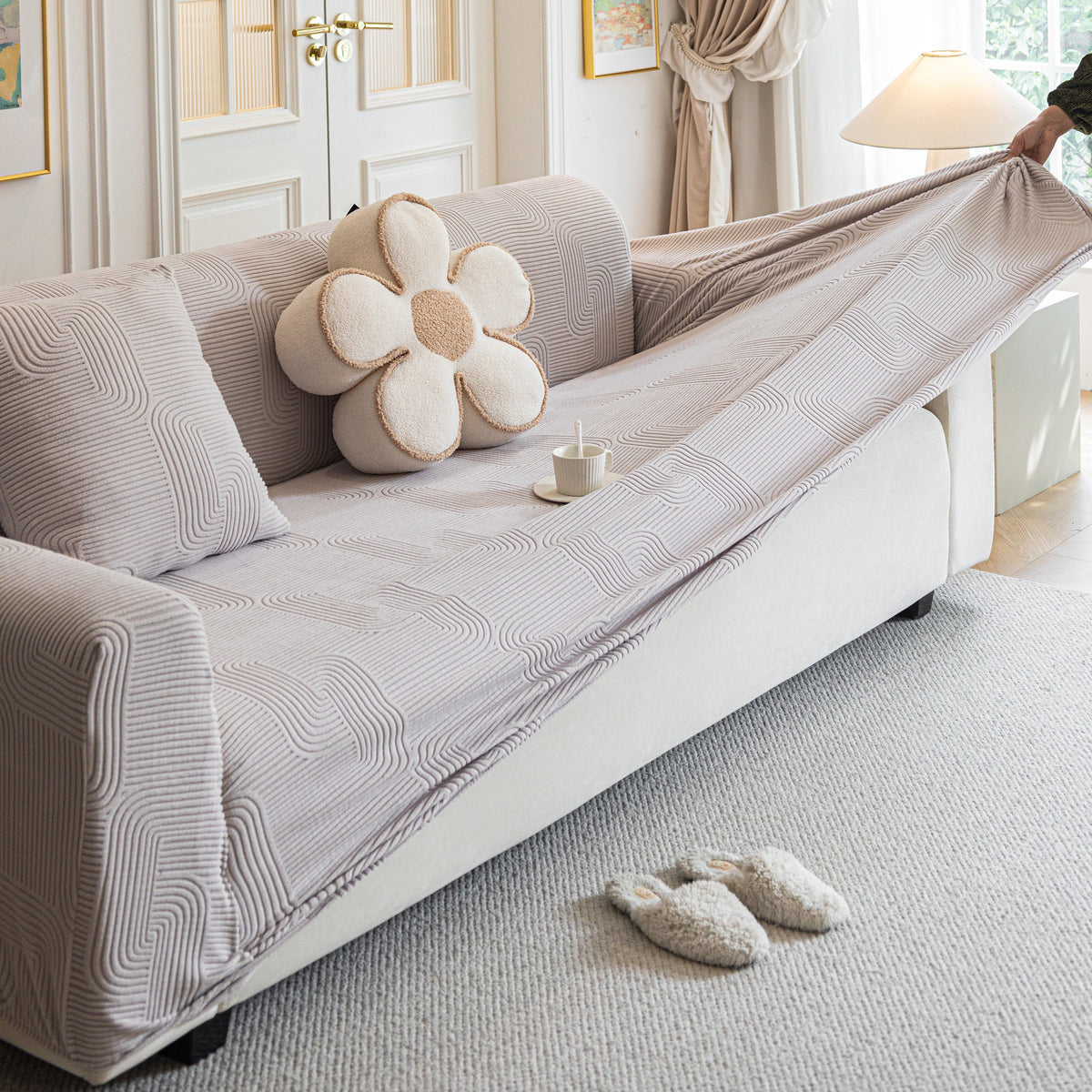 Modern Slipcovers Geometric Textured Stretchable Sofa Cover for Couch with Chaise - Ornate Home