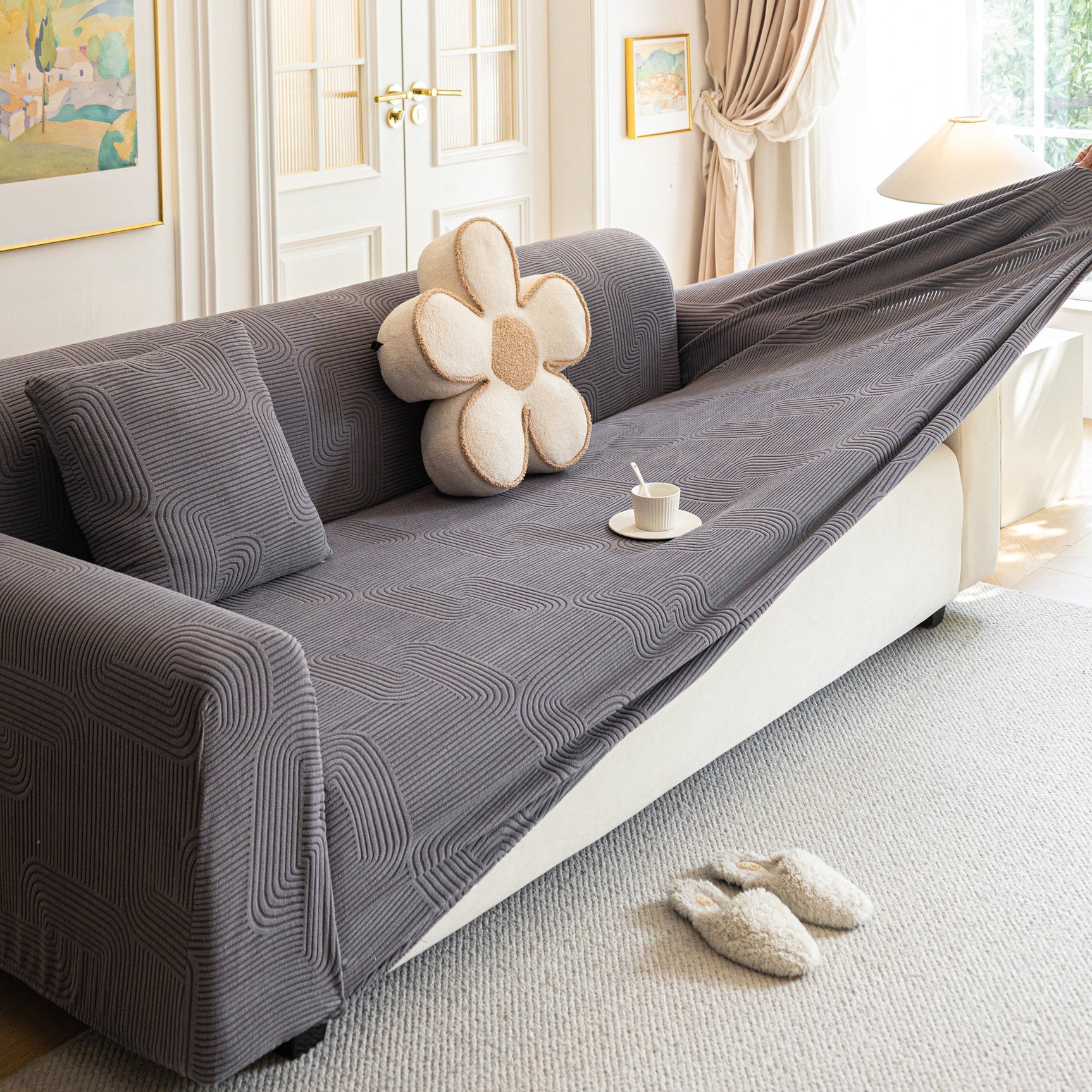 Modern Slipcovers Geometric Textured Stretchable Sofa Cover for Couch with Chaise - Ornate Home