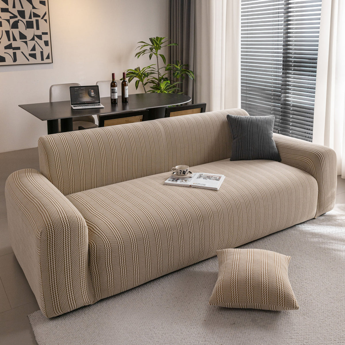 Modern Textured Stretch Sofa Cover, Plush Fleece Sofa Slipcover with 3D Stripe Texture - Ornate Home