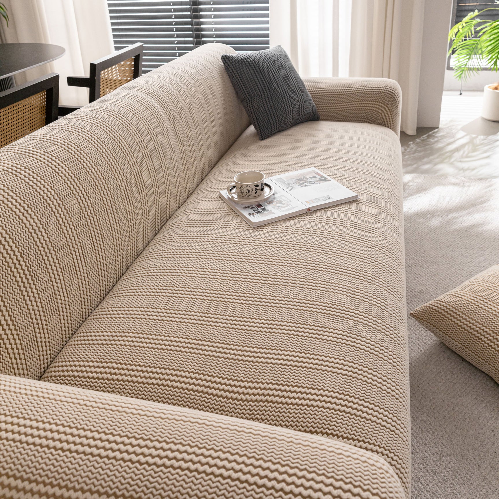 Modern Textured Stretch Sofa Cover, Plush Fleece Sofa Slipcover with 3D Stripe Texture - Ornate Home