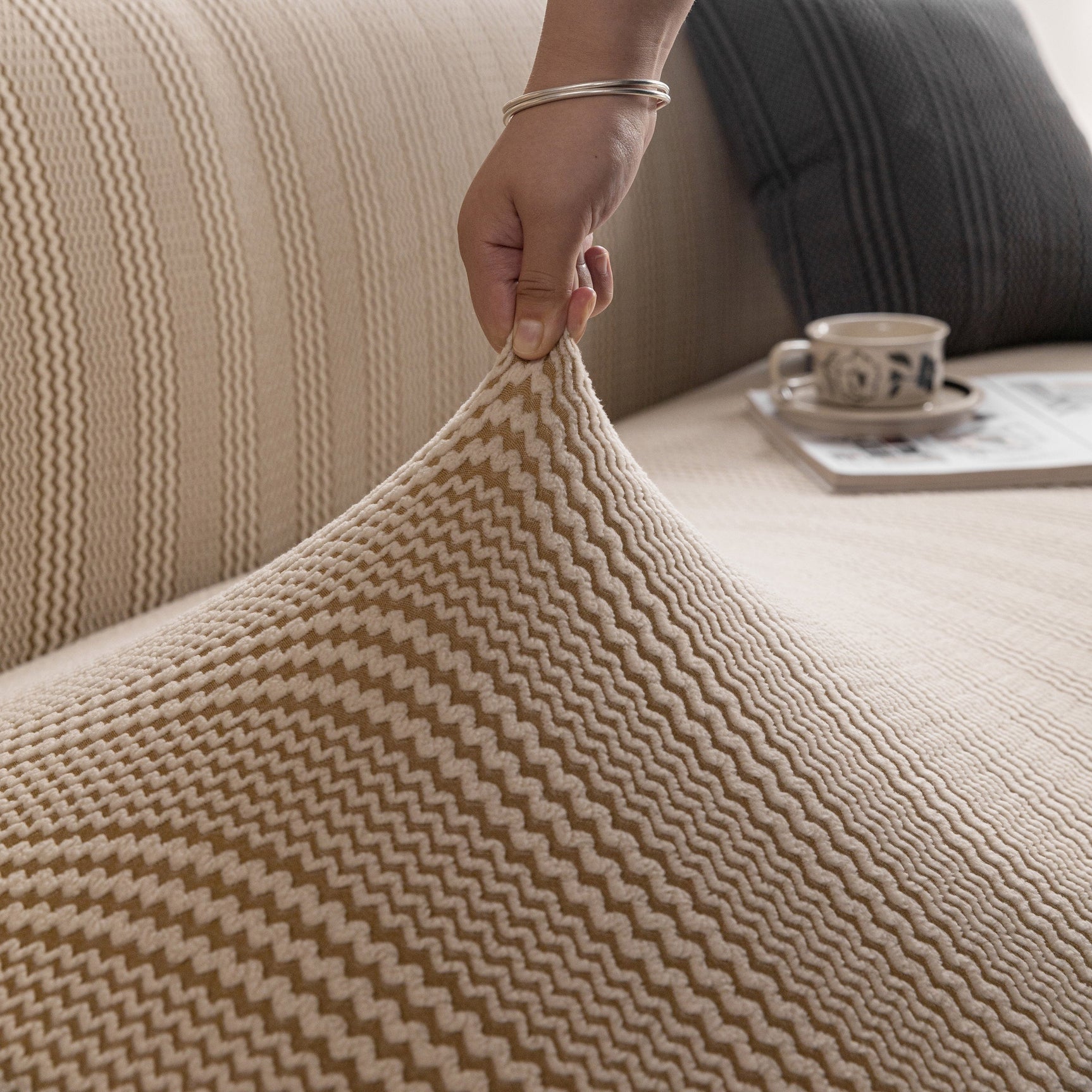 Modern Textured Stretch Sofa Cover, Plush Fleece Sofa Slipcover with 3D Stripe Texture - Ornate Home