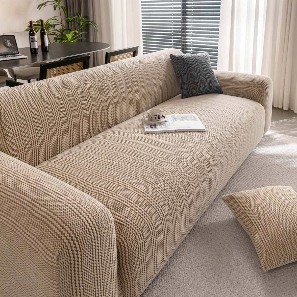 Modern Textured Stretch Sofa Cover, Plush Fleece Sofa Slipcover with 3D Stripe Texture - Ornate Home