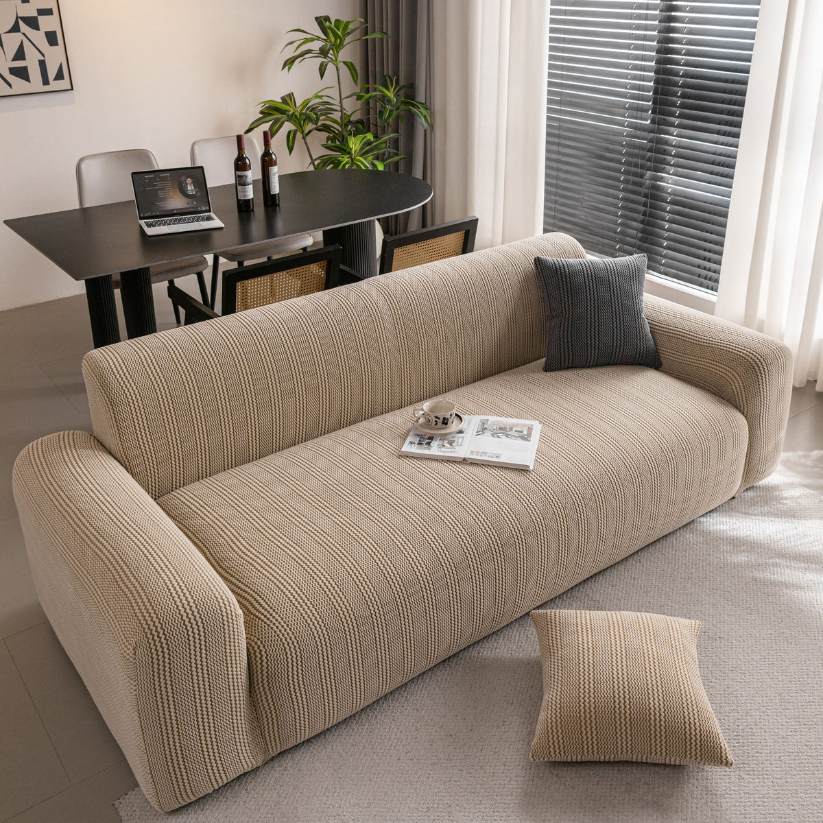 Modern Textured Stretch Sofa Cover, Plush Fleece Sofa Slipcover with 3D Stripe Texture - Ornate Home