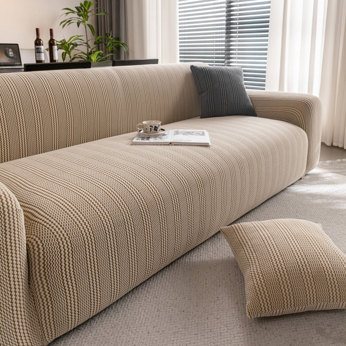Modern Textured Stretch Sofa Cover, Plush Fleece Sofa Slipcover with 3D Stripe Texture - Ornate Home