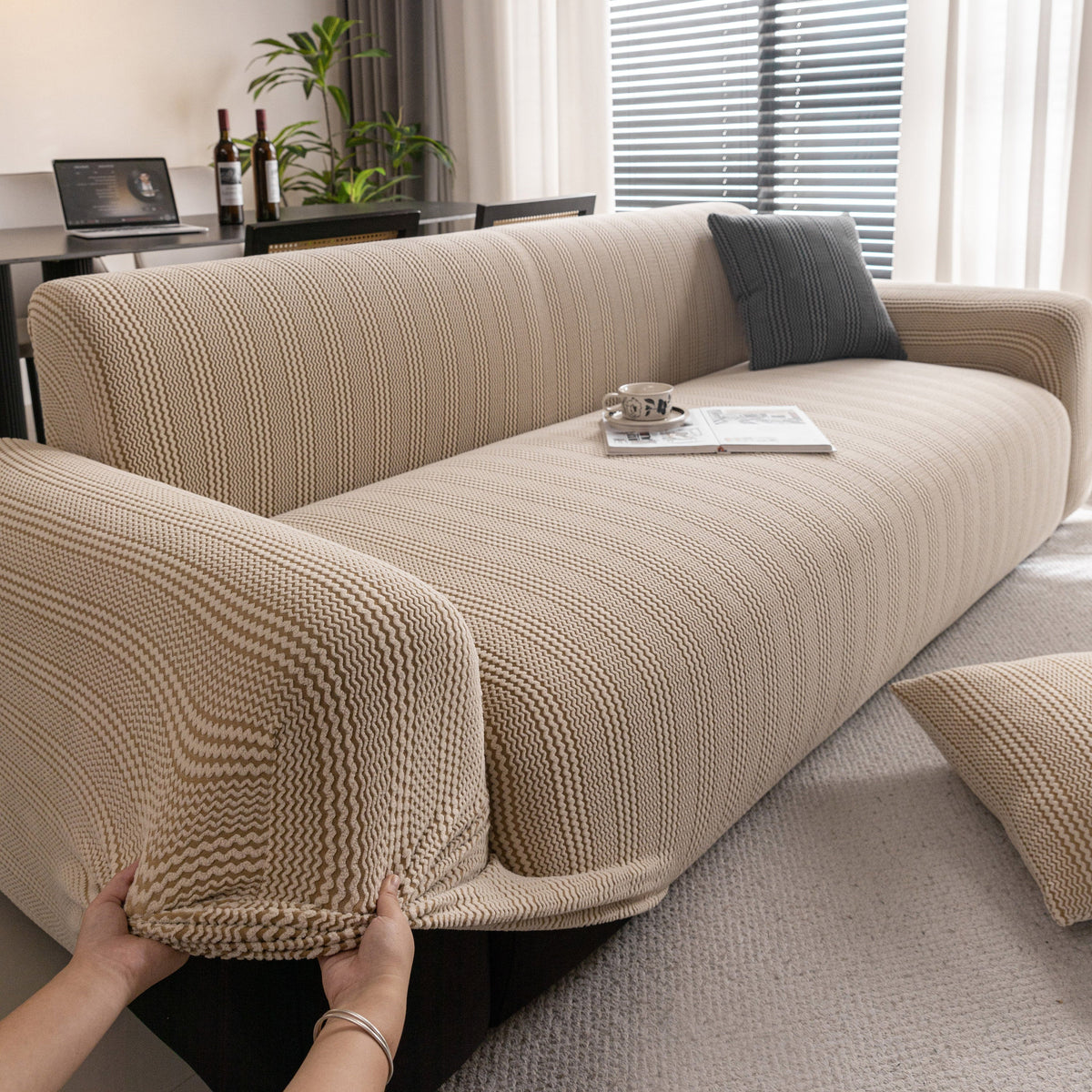 Modern Textured Stretch Sofa Cover, Plush Fleece Sofa Slipcover with 3D Stripe Texture - Ornate Home
