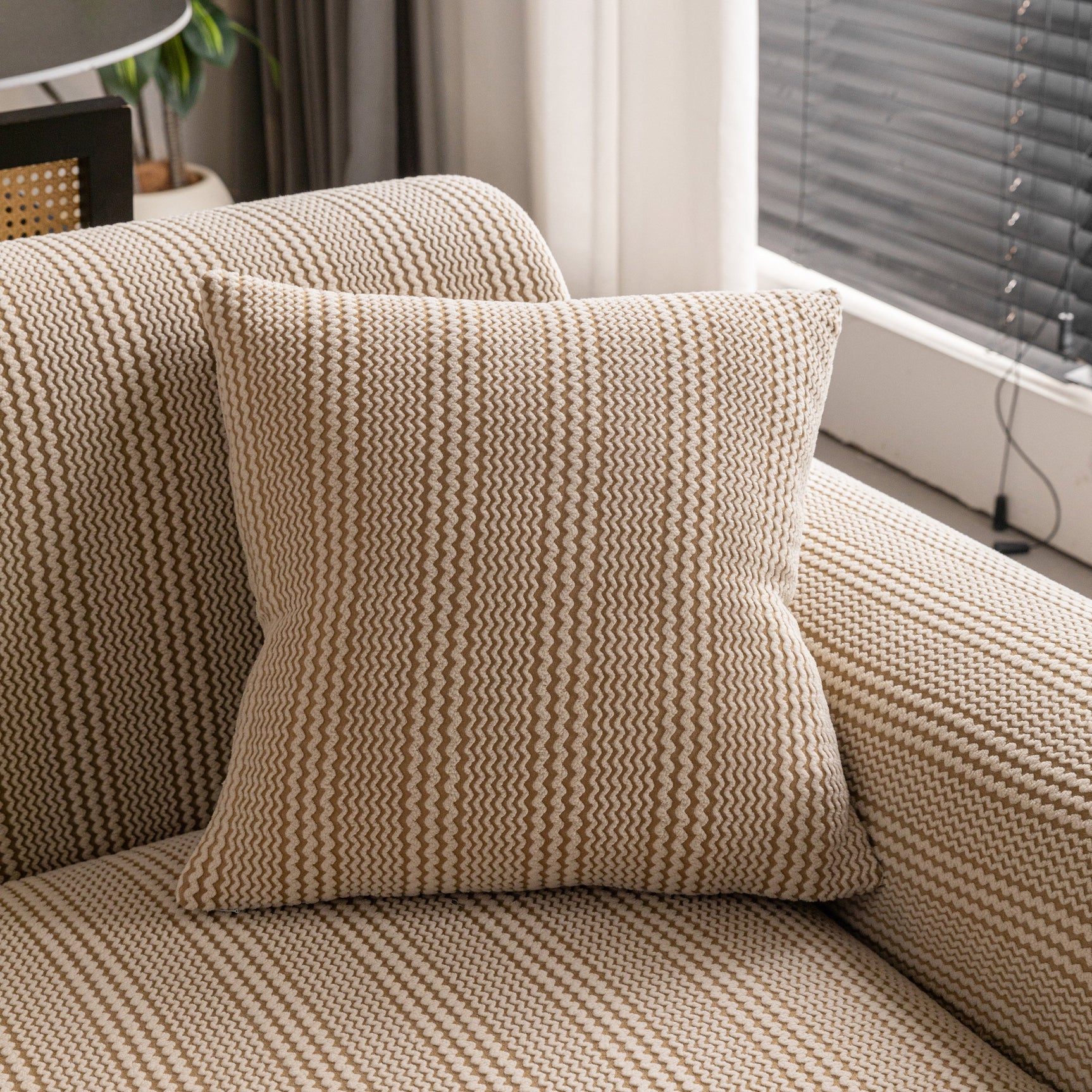 Modern Textured Stretch Sofa Cover, Plush Fleece Sofa Slipcover with 3D Stripe Texture - Ornate Home