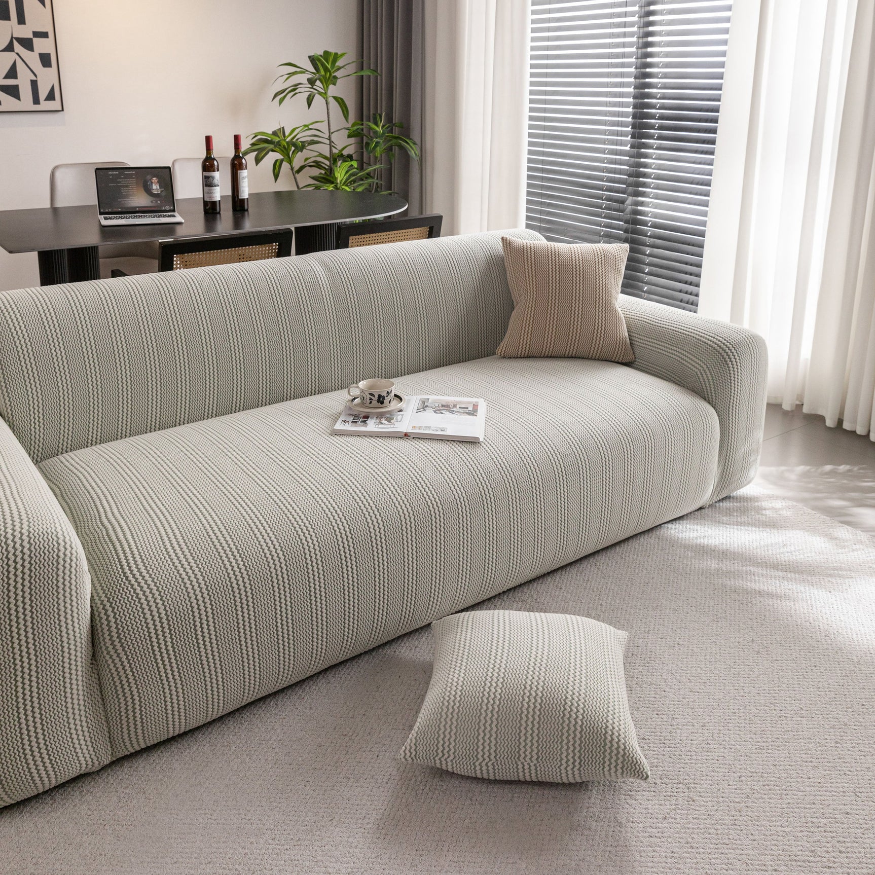 Modern Textured Stretch Sofa Cover, Plush Fleece Sofa Slipcover with 3D Stripe Texture - Ornate Home