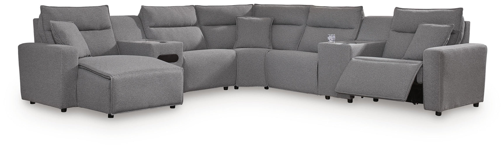 Modmax II Salt and Pepper 7-Piece Power Reclining Sectional with Chaise and Audio Console - Ornate Home