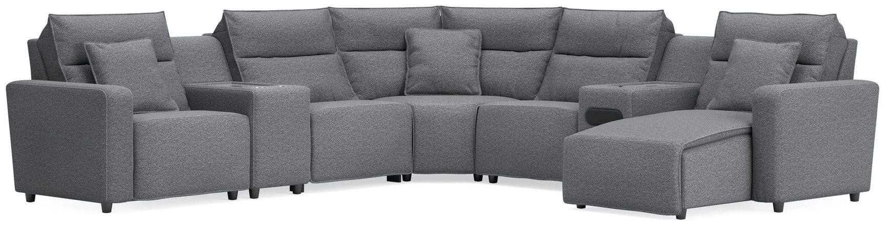 Modmax II Salt and Pepper 7-Piece Power Reclining Sectional with Chaise and Audio System - Ornate Home