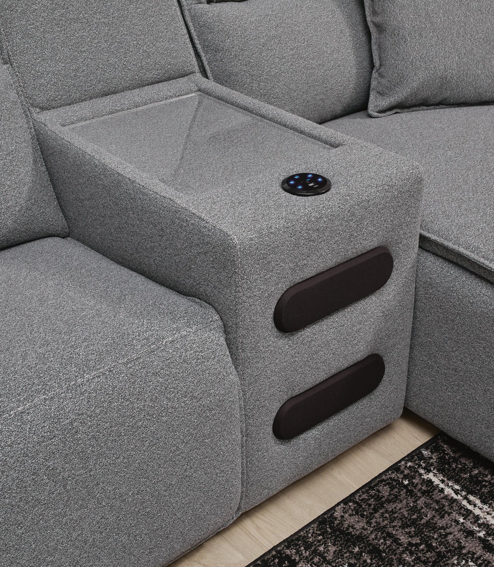 Modmax II Salt and Pepper 7-Piece Power Reclining Sectional with Chaise and Audio System - Ornate Home