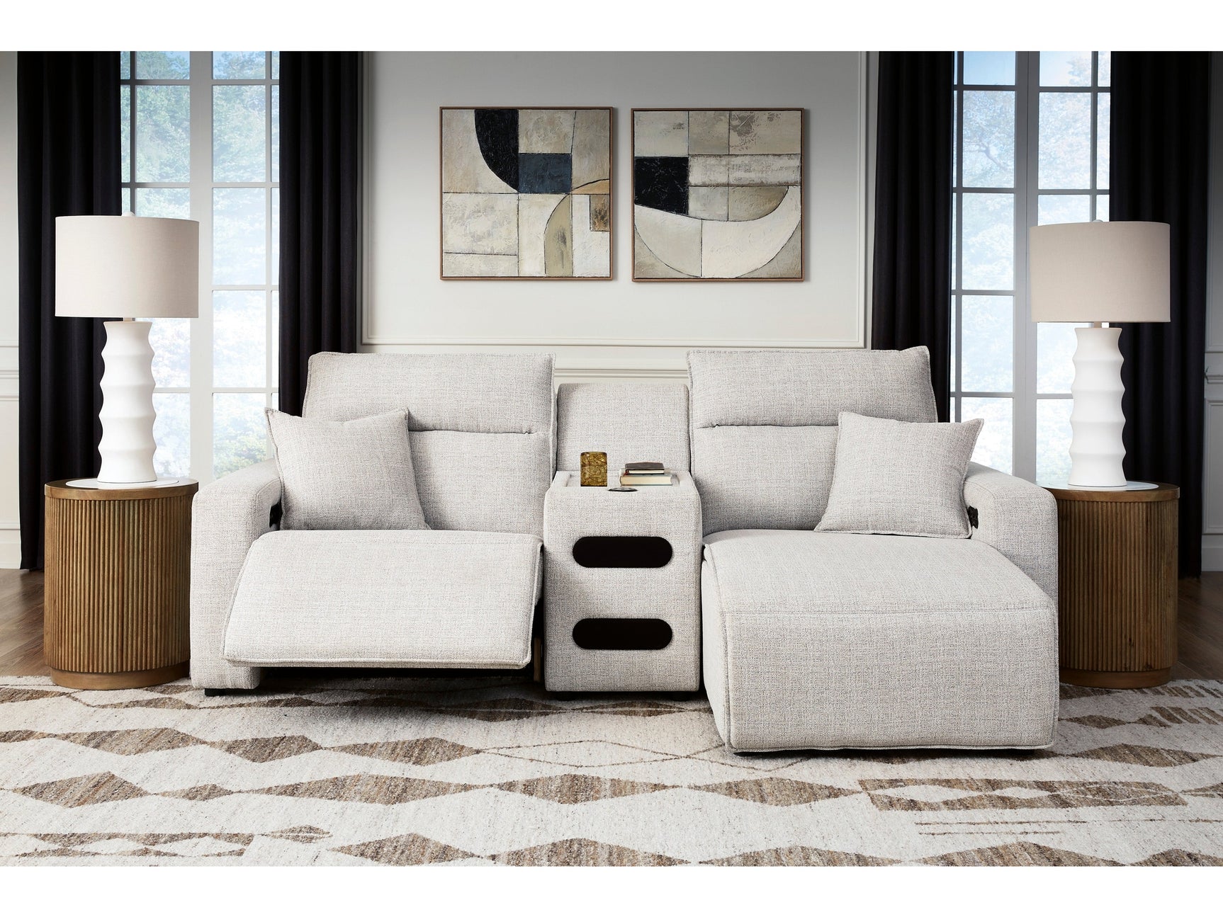 Modmax II Stone 3-Piece Power Reclining Sectional w/ Chaise and Audio Console - Ornate Home