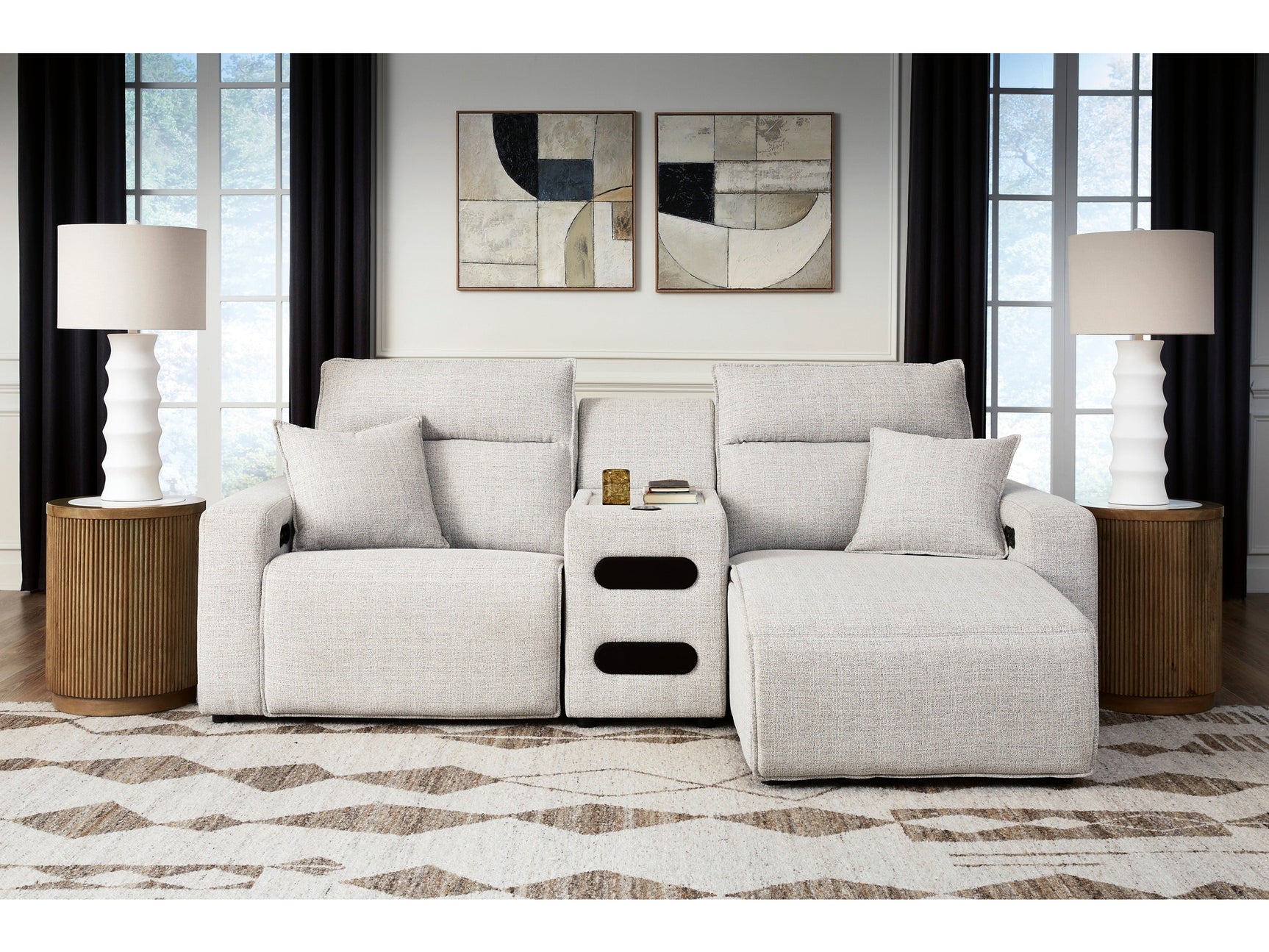 Modmax II Stone 3-Piece Power Reclining Sectional w/ Chaise and Audio Console - Ornate Home