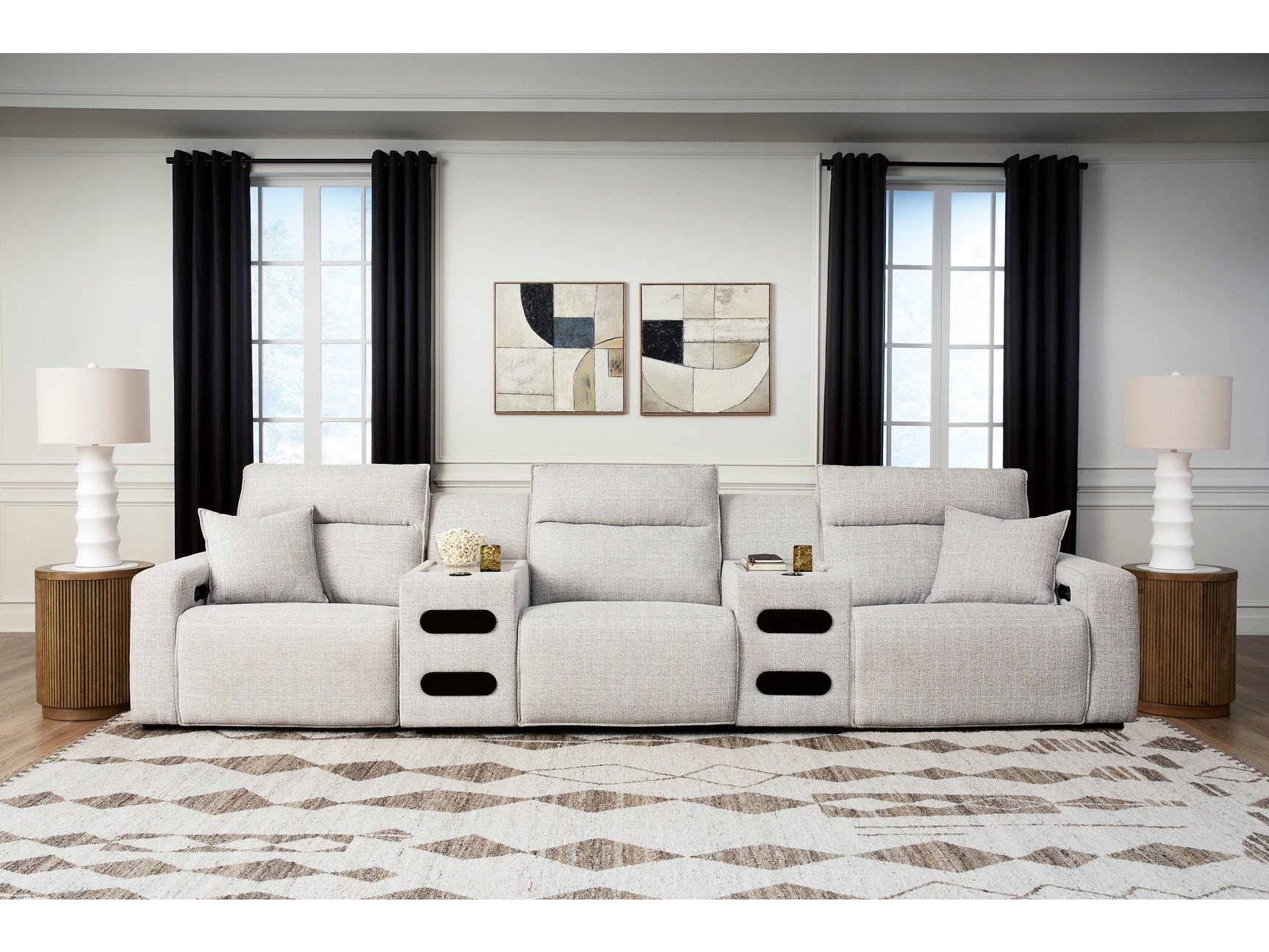 Modmax II Stone 5-Piece Power Reclining Sectional with Audio Consoles - Ornate Home