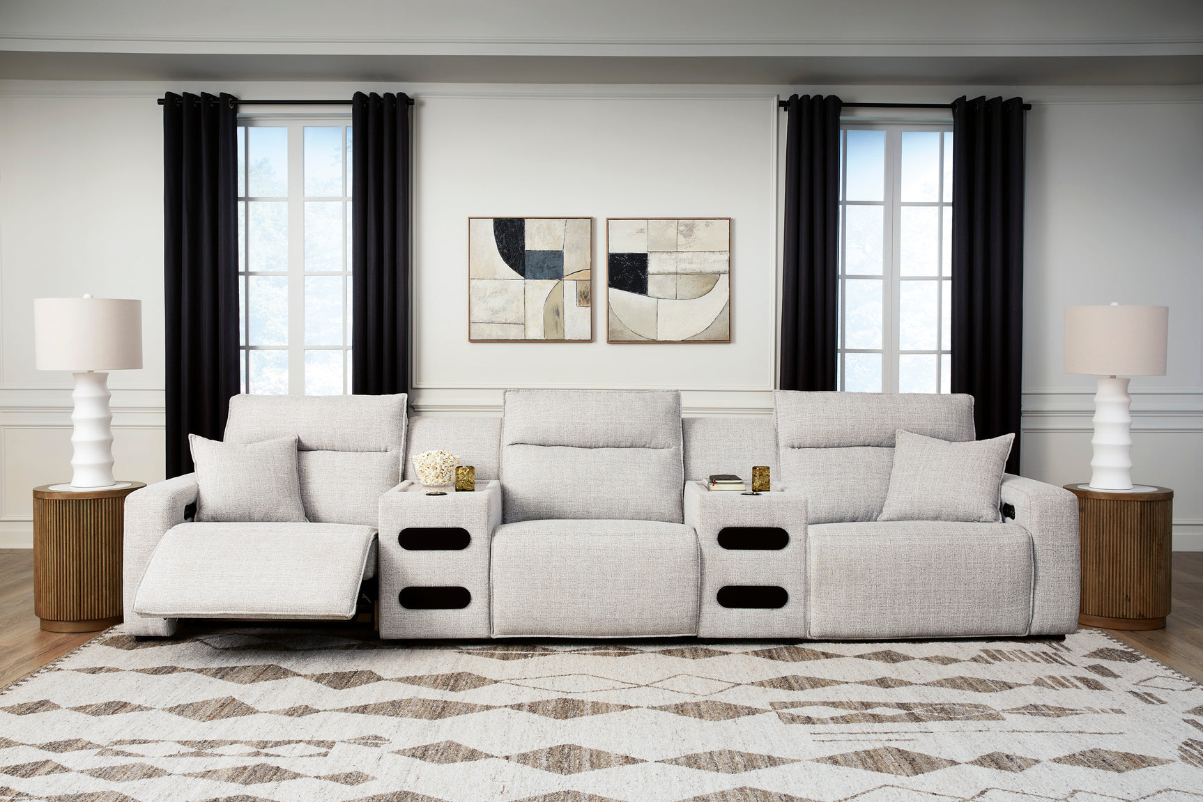 Modmax II Stone 5-Piece Power Reclining Sectional with Audio Consoles - Ornate Home