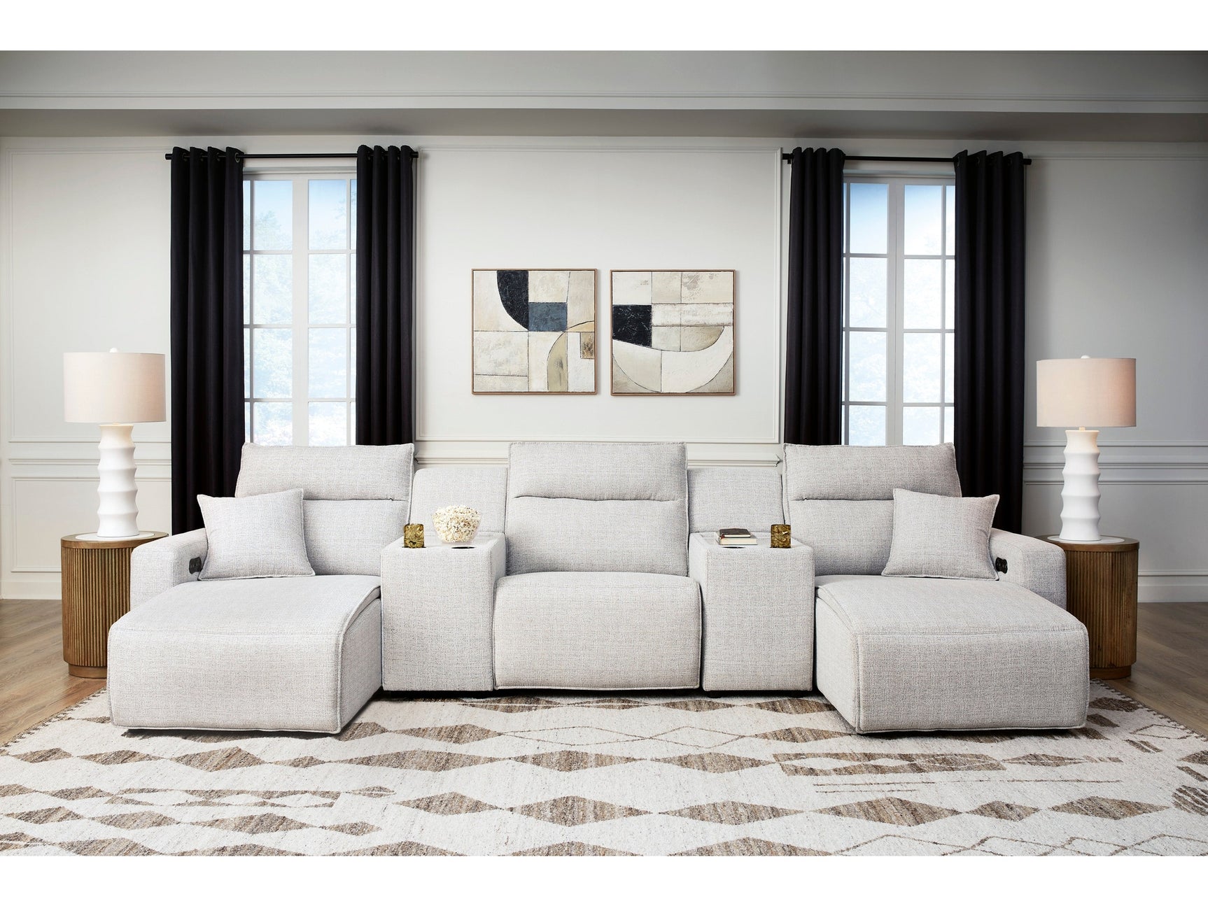 Modmax II Stone 5-Piece Power Reclining Sectional with Chaise and Consoles - Ornate Home