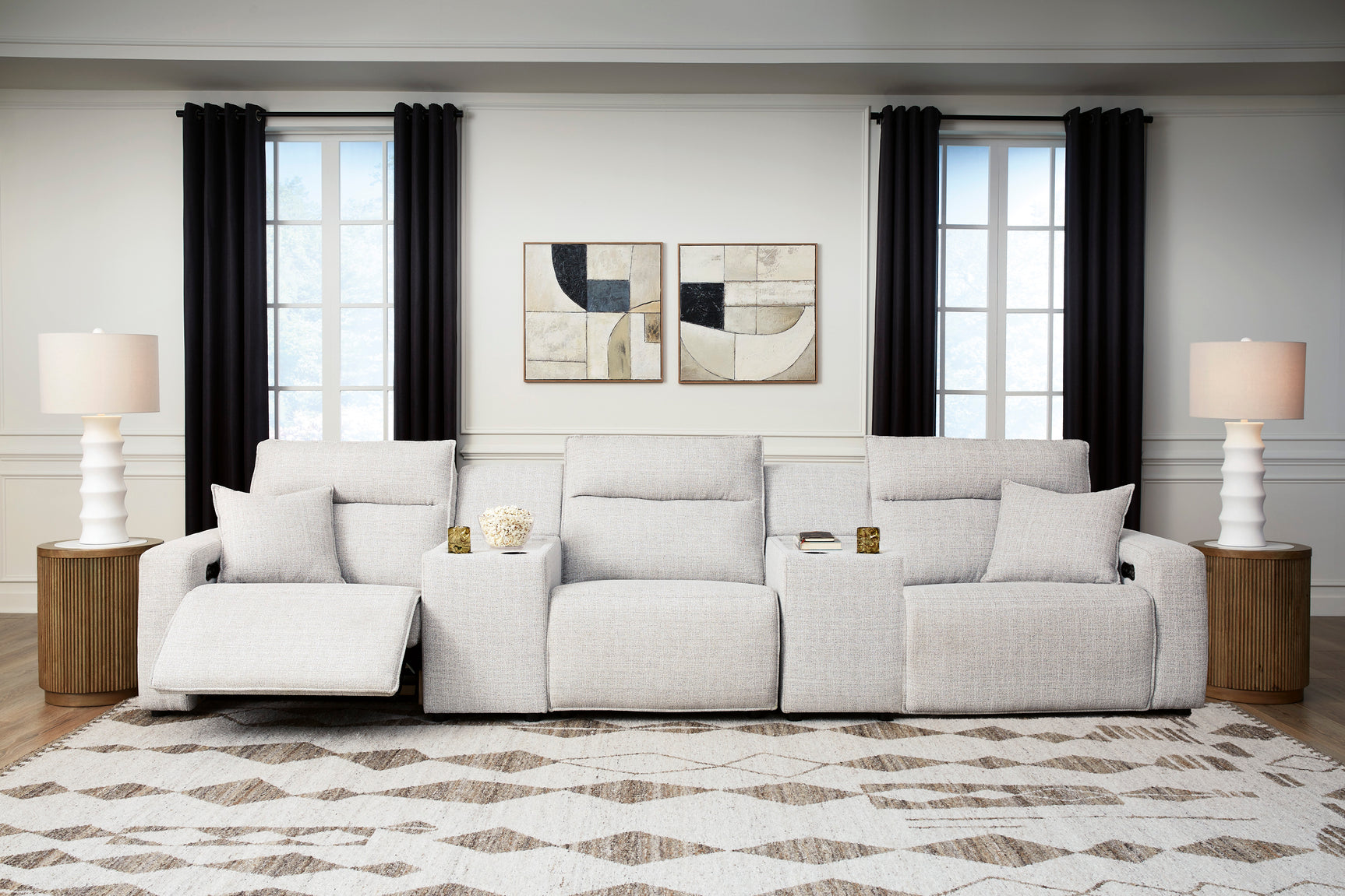 Modmax II Stone 5-Piece Power Reclining Sectional with Consoles - Ornate Home