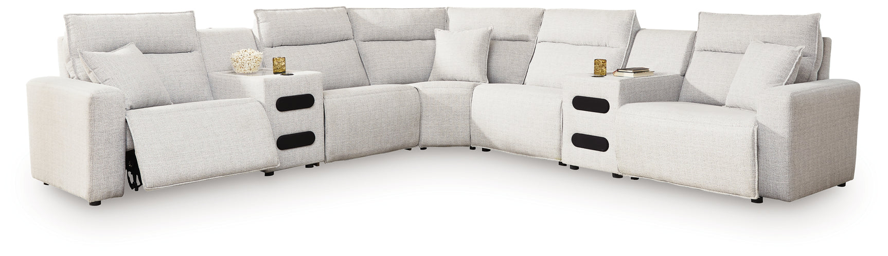 Modmax II Stone 7-Piece Power Reclining Sectional w/ Chaise & Audio Consoles (Online Special Price) - Ornate Home
