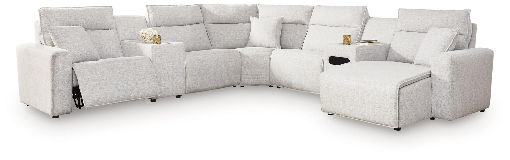 Modmax II Stone 7-Piece Power Reclining Sectional with Chaise & Audio Console - Ornate Home