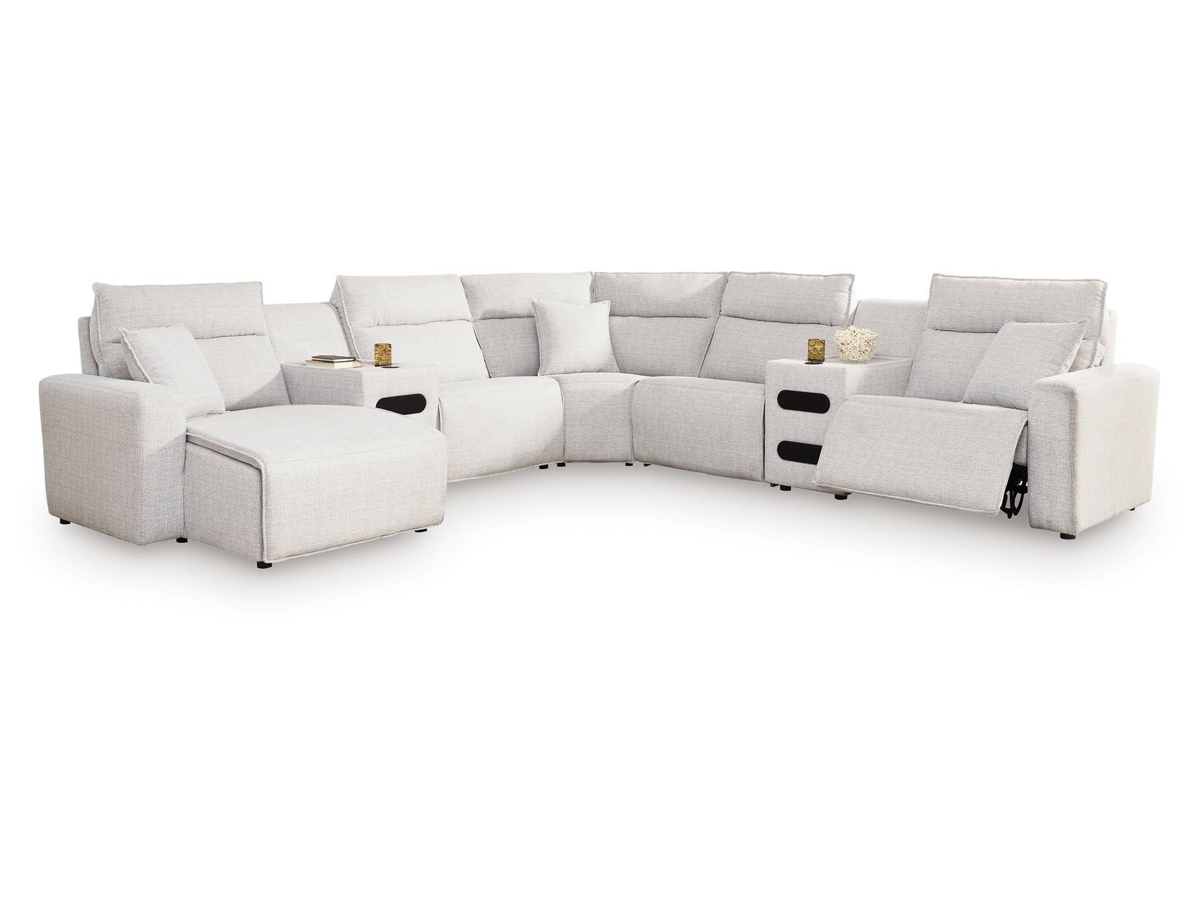 Modmax II Stone 7-Piece Power Reclining Sectional with Chaise and Audio Consoles (Online Special Price) - Ornate Home