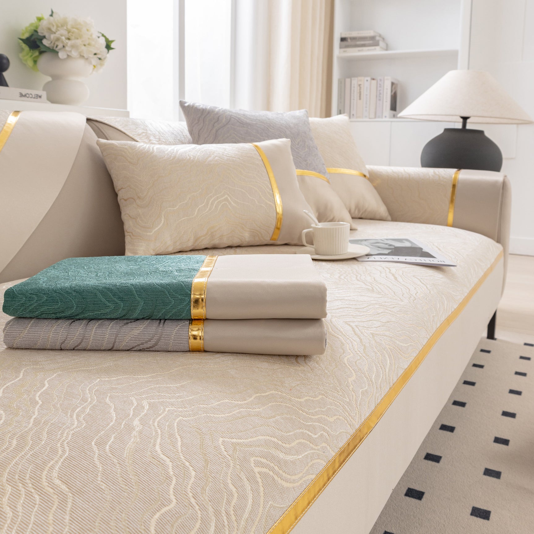 Modular Sofa Cover for Sectionals, Gold Striped Non-Slip Couch Protector - Ornate Home