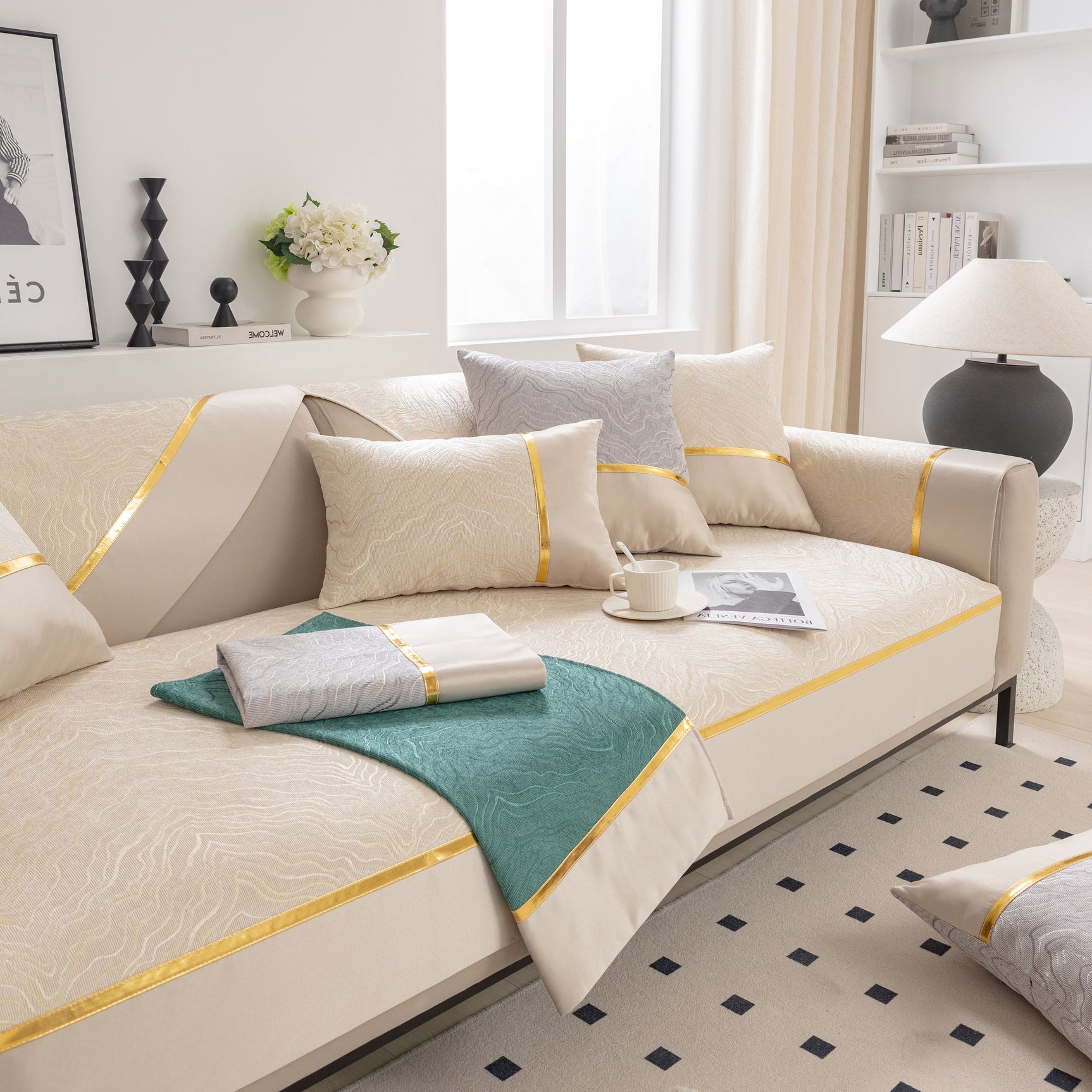 Modular Sofa Cover for Sectionals, Gold Striped Non-Slip Couch Protector - Ornate Home