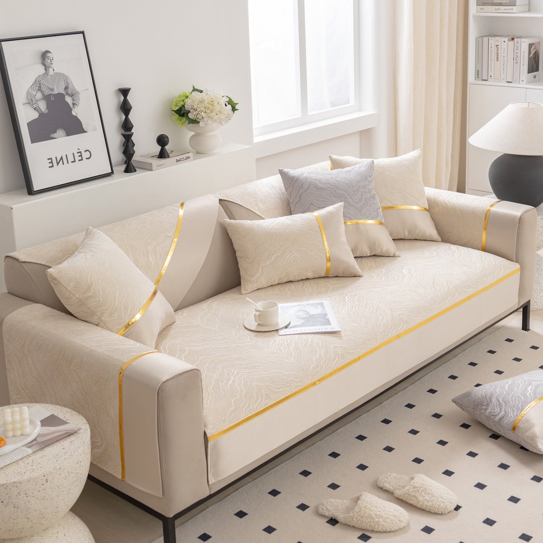 Modular Sofa Cover for Sectionals, Gold Striped Non-Slip Couch Protector - Ornate Home