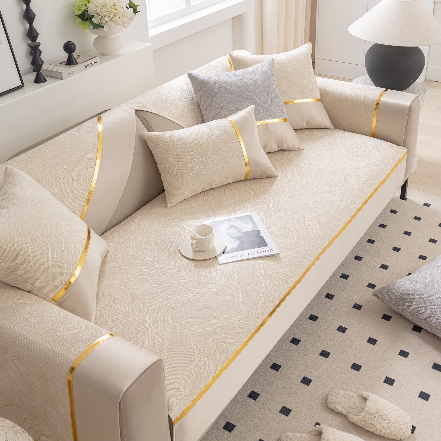 Modular Sofa Cover for Sectionals, Gold Striped Non-Slip Couch Protector - Ornate Home