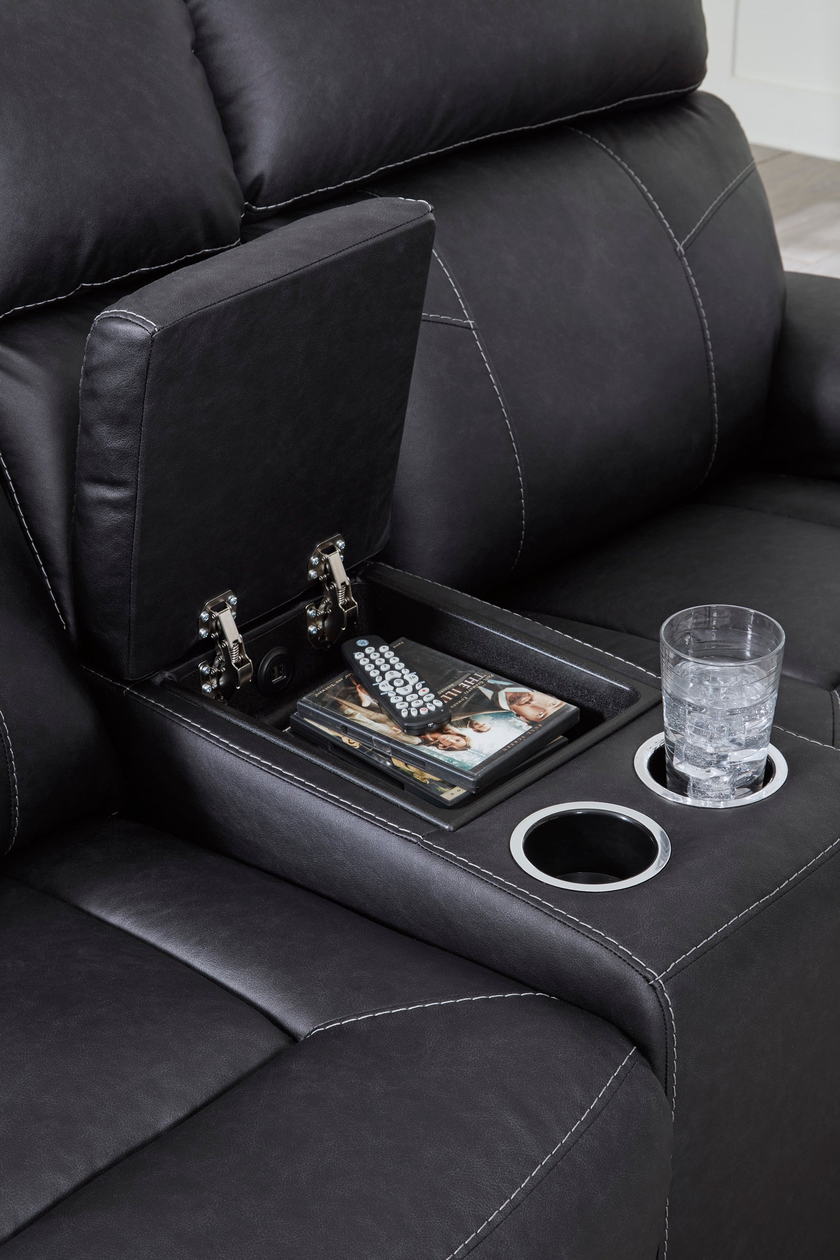 Montacute Black Reclining Loveseat with Console - Ornate Home