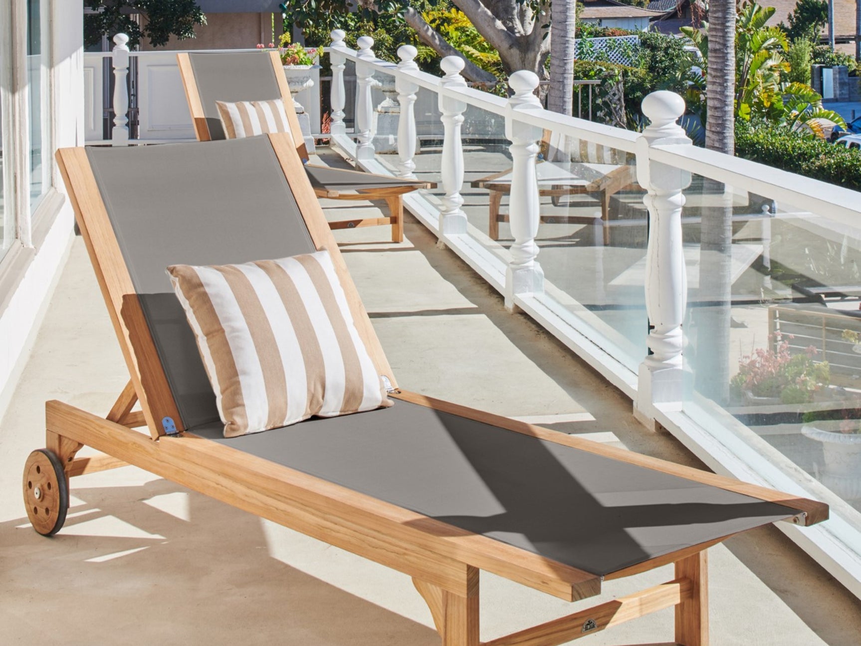 Montauk Teak Taupe Outdoor Reclining Sunlounger with Rear Wheels - Ornate Home