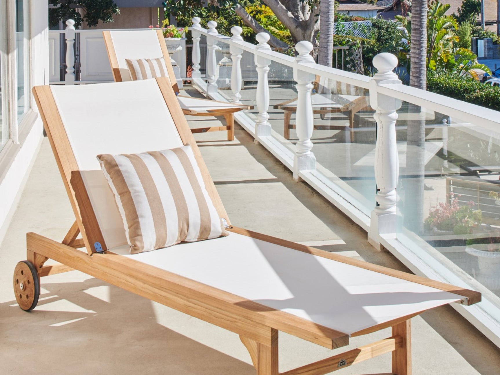 Montauk Teak White Outdoor Reclining Sunlounger with Rear Wheels - Ornate Home