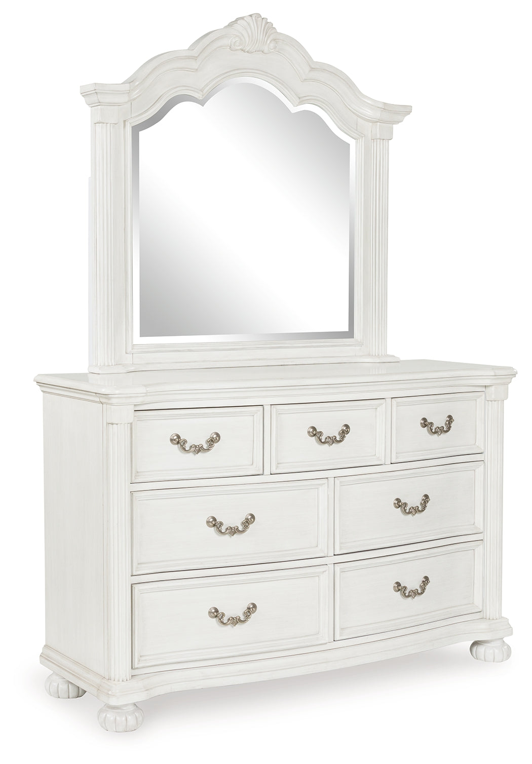 Montelaine Antique White Queen Upholstered Panel Bed, Dresser and Mirror - Ornate Home
