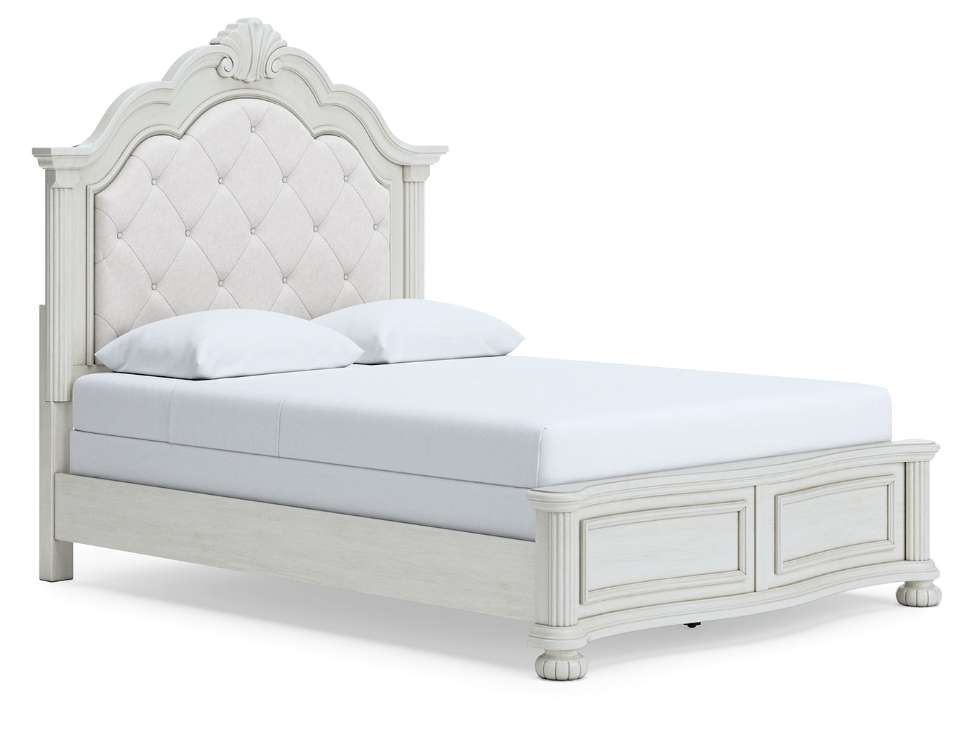 Montelaine Antique White Queen Upholstered Panel Bed, Dresser and Mirror - Ornate Home