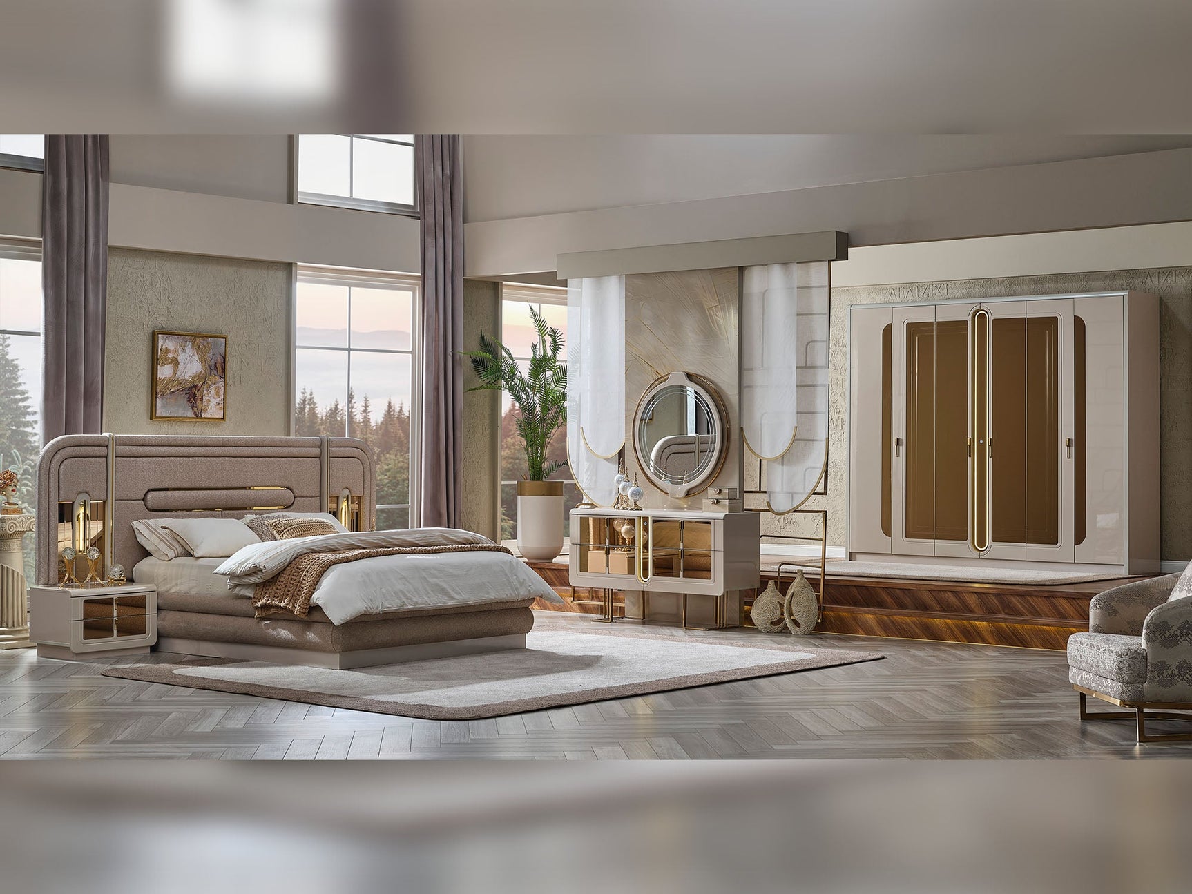 Monza Cream/Gold Bed Frame With Headboard