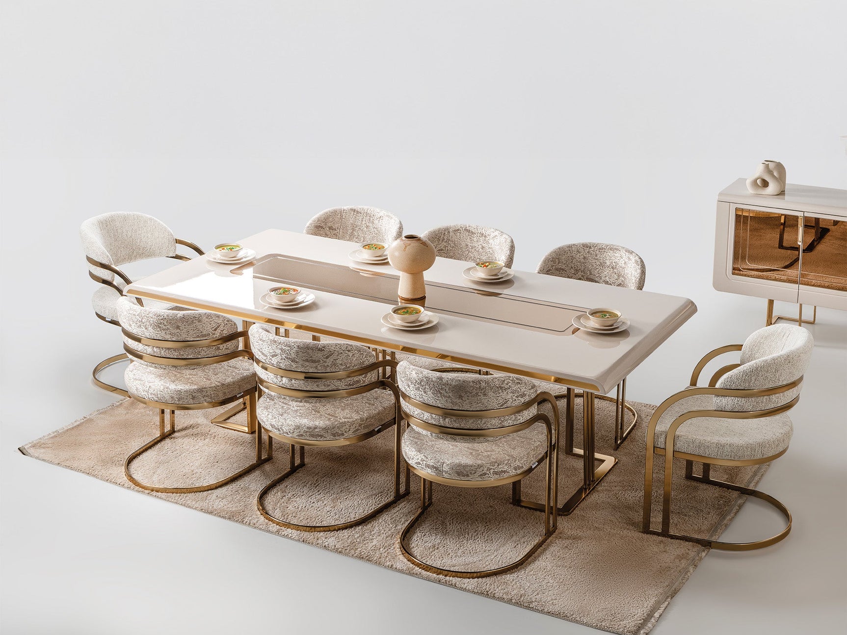 Monza Cream Dining Room Set (Consol With Mirror & Dining Table & 6 Dining Chair)